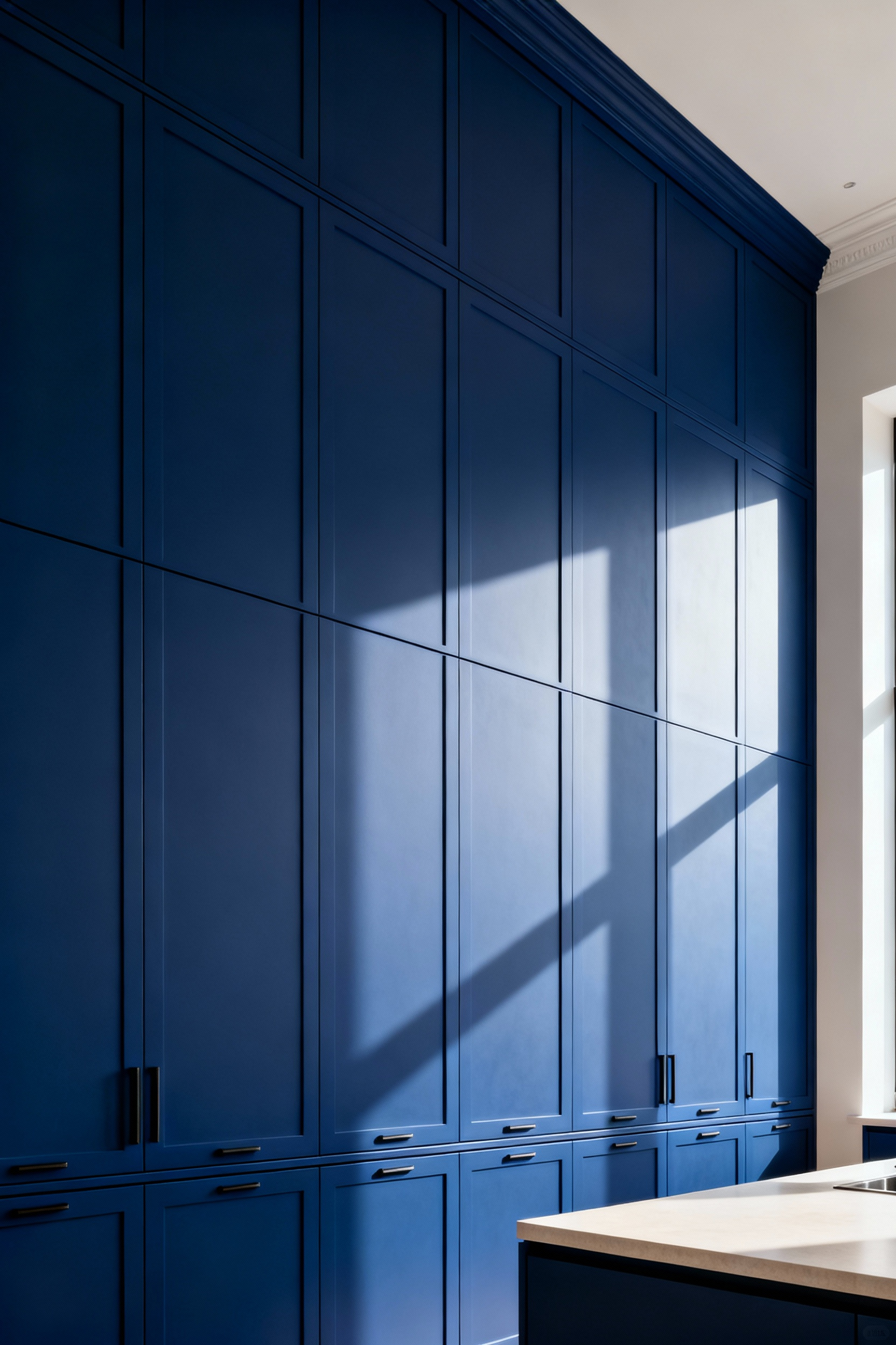 Professional photo of a modern kitchen with floor-to-ceiling, deep sapphire blue cabinetry, seamlessly integrated, accentuating vertical grandeur and luxurious scale. High-end design.