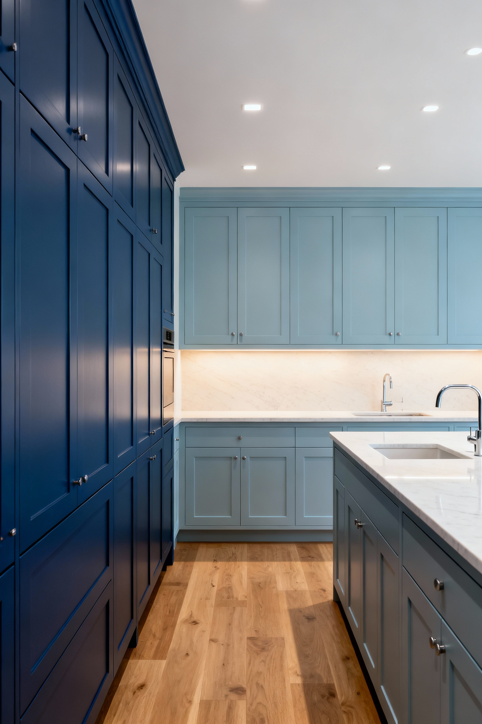 Luxury kitchen showcasing a blend of cool blue cabinetry and warm blue cabinetry, demonstrating contrasting undertones, with modern fixtures, pristine countertops, and soft diffused lighting.
