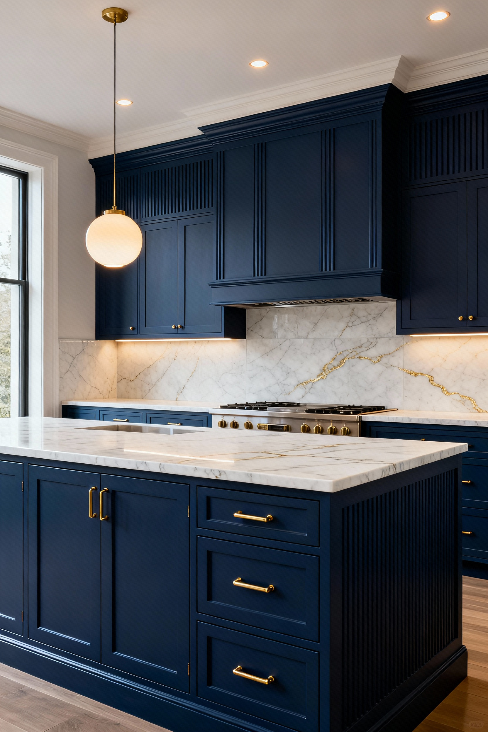 Luxurious blue kitchen interior with indigo cabinetry, Calacatta Gold marble island, and unlacquered brass hardware, professionally lit to create a tranquil and serene atmosphere.