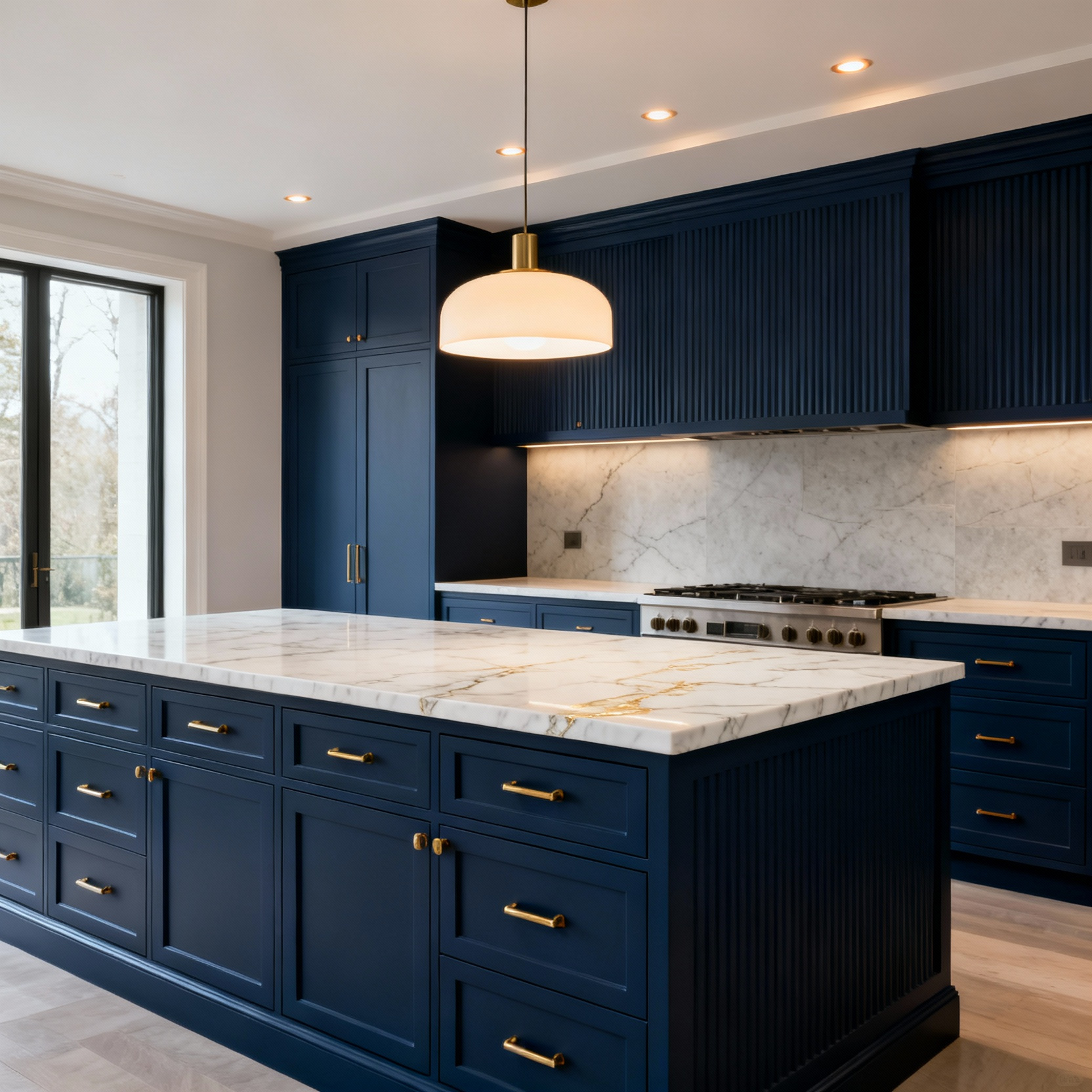 Luxurious blue kitchen interior with indigo cabinetry, Calacatta Gold marble island, and unlacquered brass hardware, professionally lit to create a tranquil and serene atmosphere.
