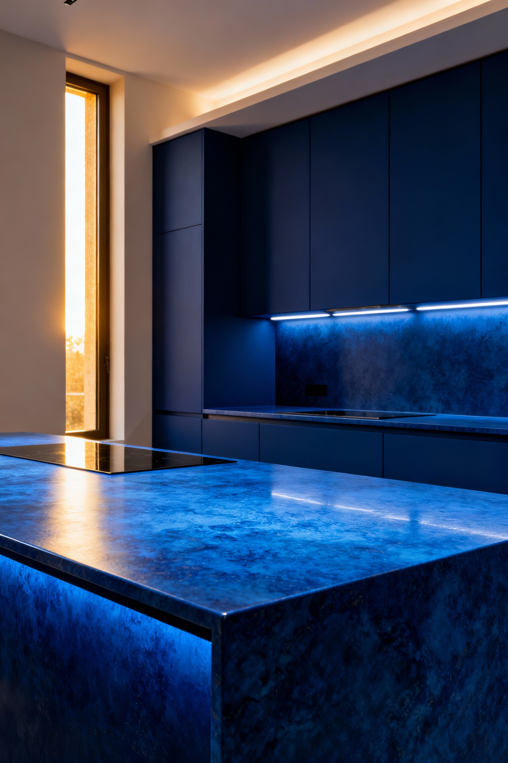 A luxurious blue kitchen in a portrait orientation, showcasing a perfect balance of warm natural light from a tall window and cool integrated artificial lighting on deep indigo and cerulean blue cabinets.