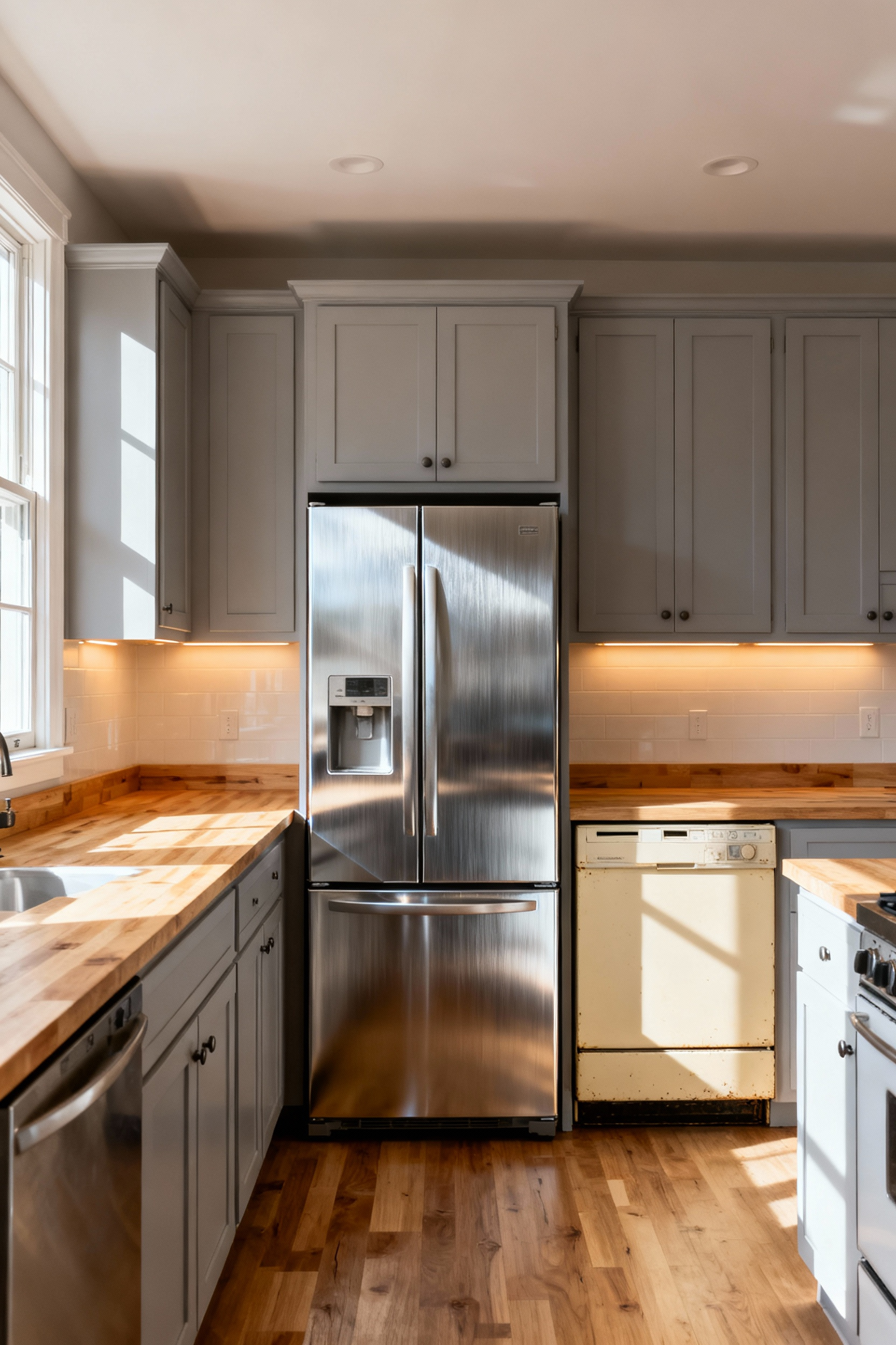 Photograph of a transitional kitchen showing the stark contrast between a newly vinyl-wrapped, brushed stainless steel refrigerator and an adjacent old, beige dishwasher.
