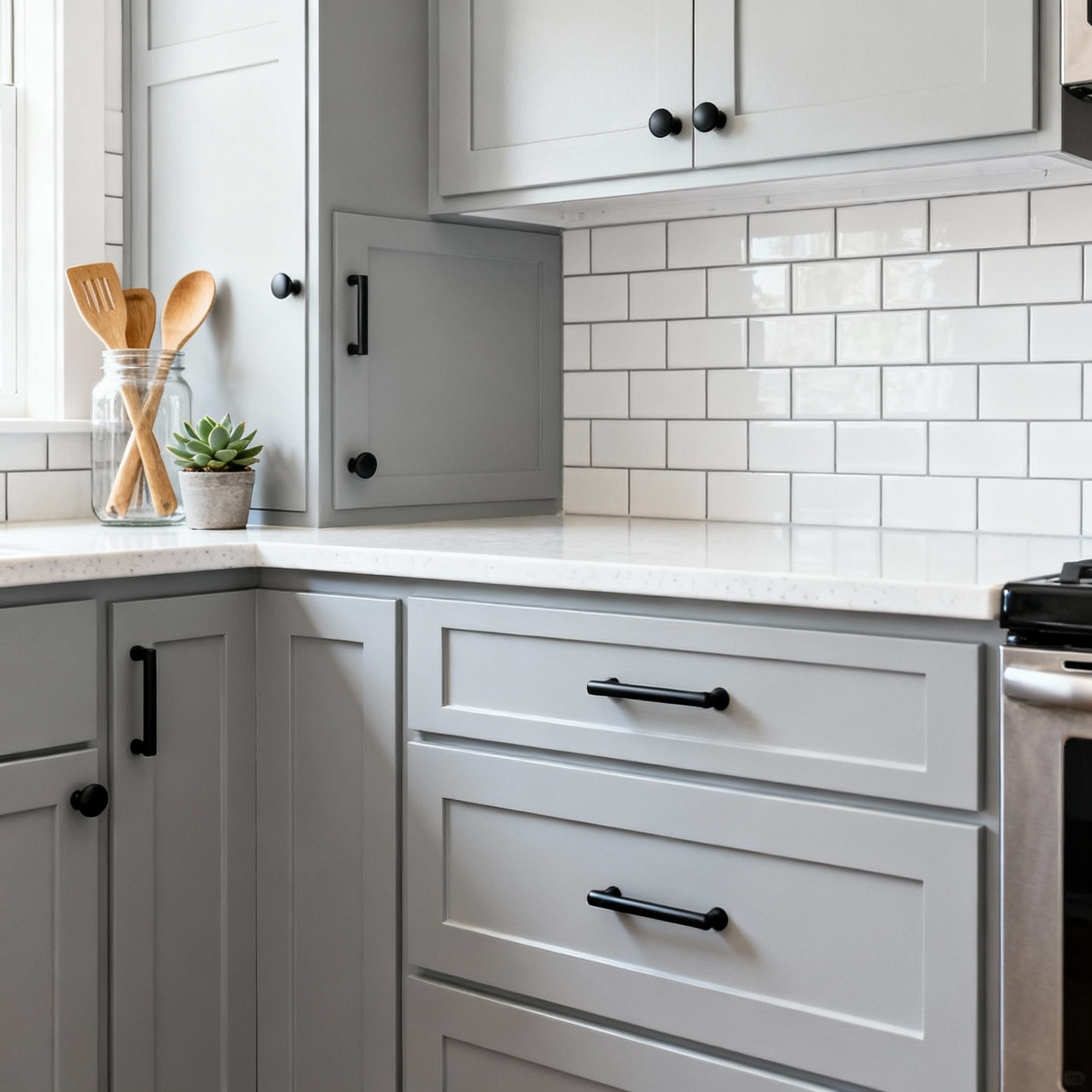 Freshly painted dove gray kitchen cabinets with new matte black bar pulls, demonstrating a high-impact, budget-friendly cosmetic remodel using only paint and updated hardware.