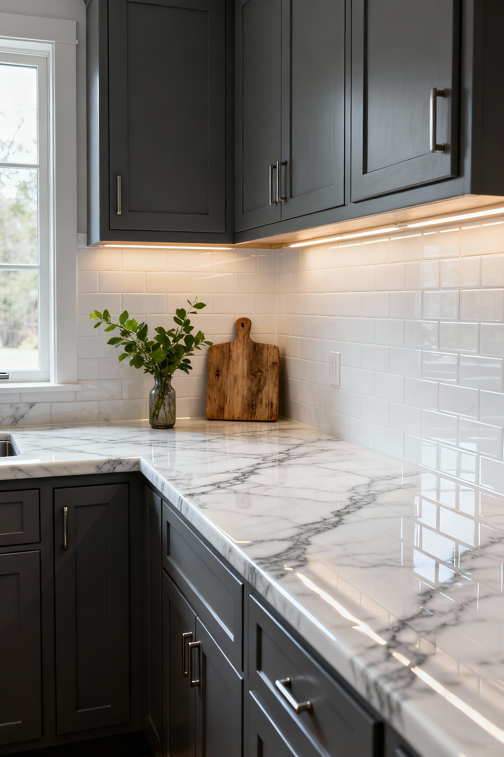 A budget-friendly kitchen remodel showcasing newly applied, stone-look epoxy countertops mimicking white marble and refreshed slate-gray cabinets, demonstrating a high-end look achieved without costly demolition.