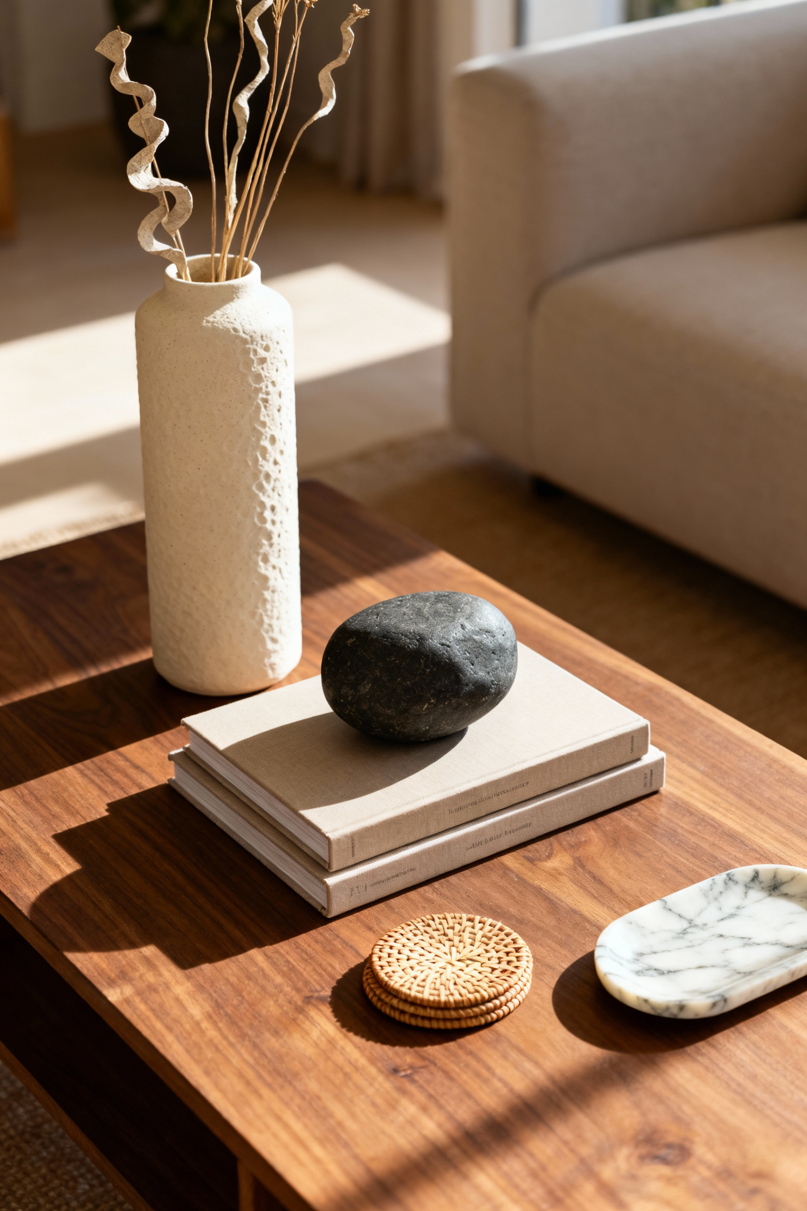 A walnut coffee table professionally styled demonstrating the high, medium, and low visual architecture technique using books, a tall vase with dried plants, and low decorative dishes.