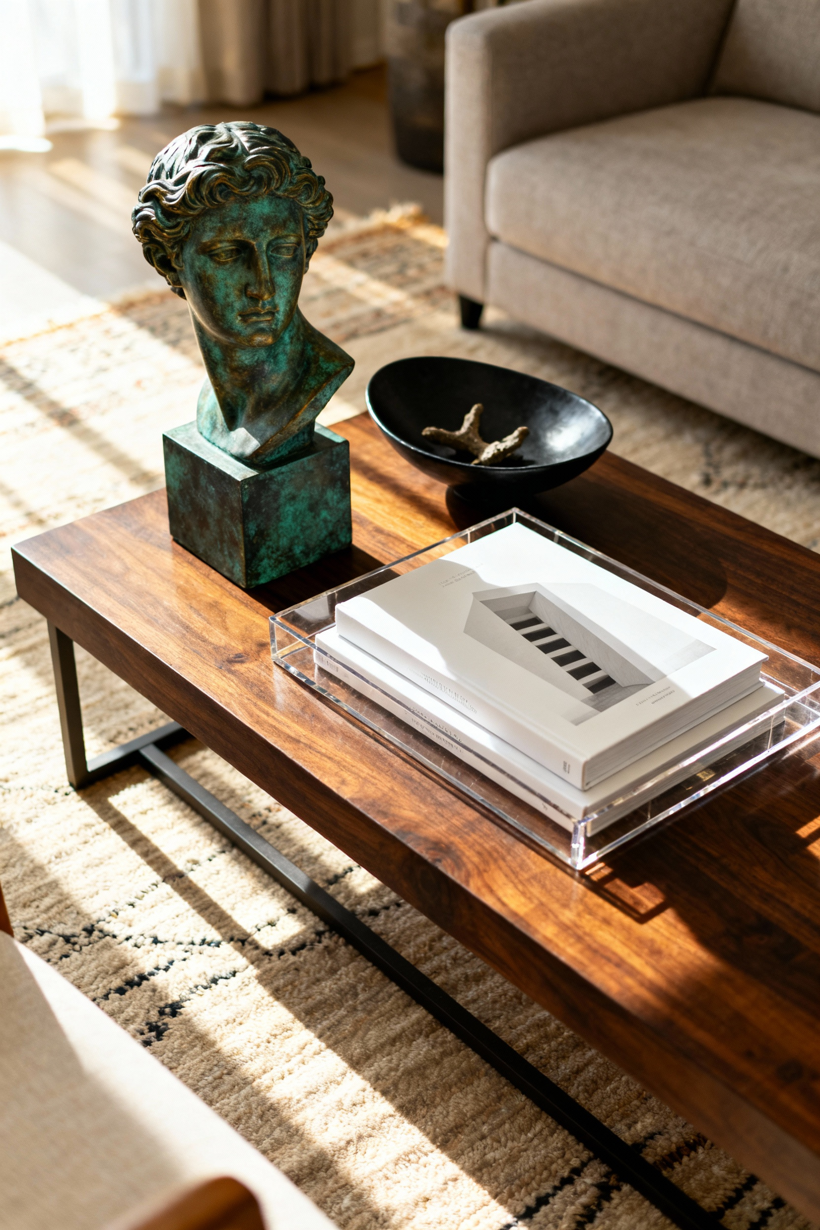 A wide shot of a curated dark walnut coffee table styled with a rare bronze antique sculpture and modern white architectural books, showcasing high-contrast coffee table styling.