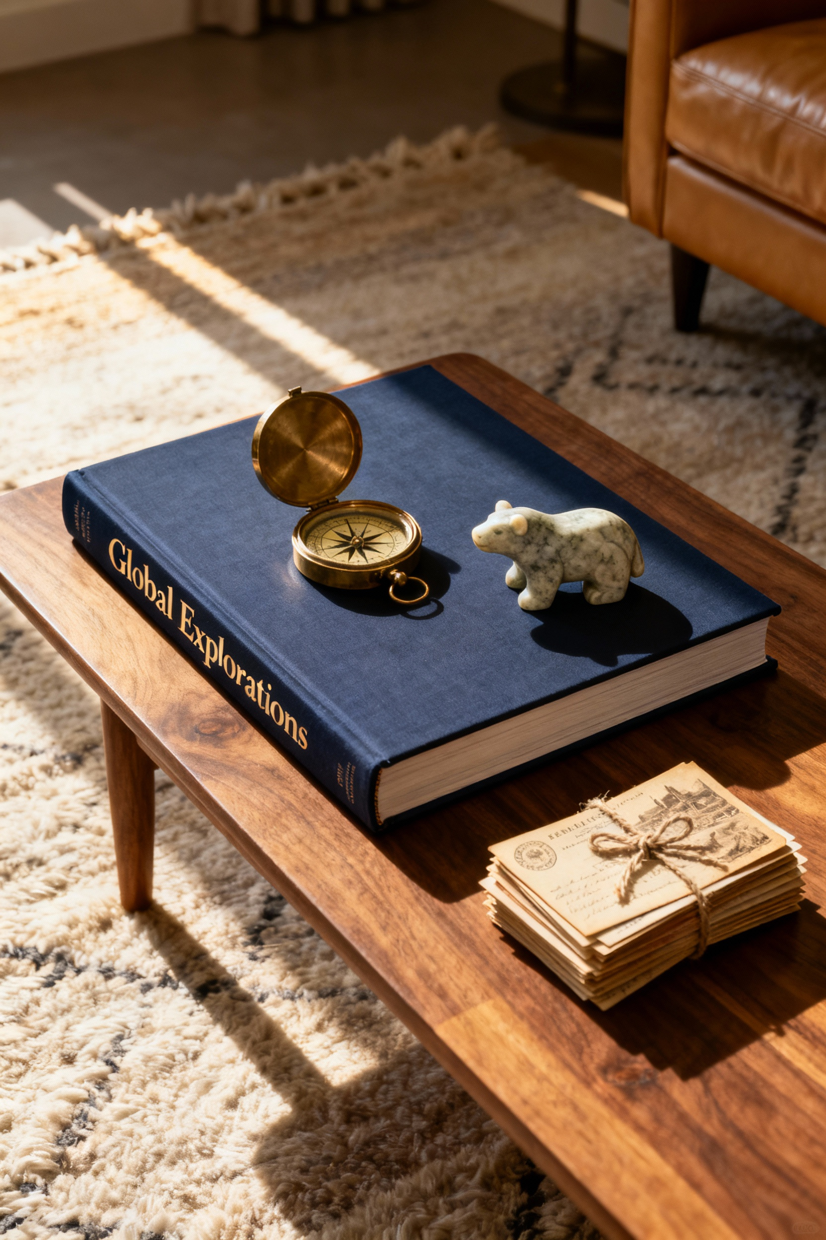 A full photograph of a coffee table styled with a substantial navy anchor book and three travel-themed curios including a brass compass, illustrating the concept of a visual memoir.