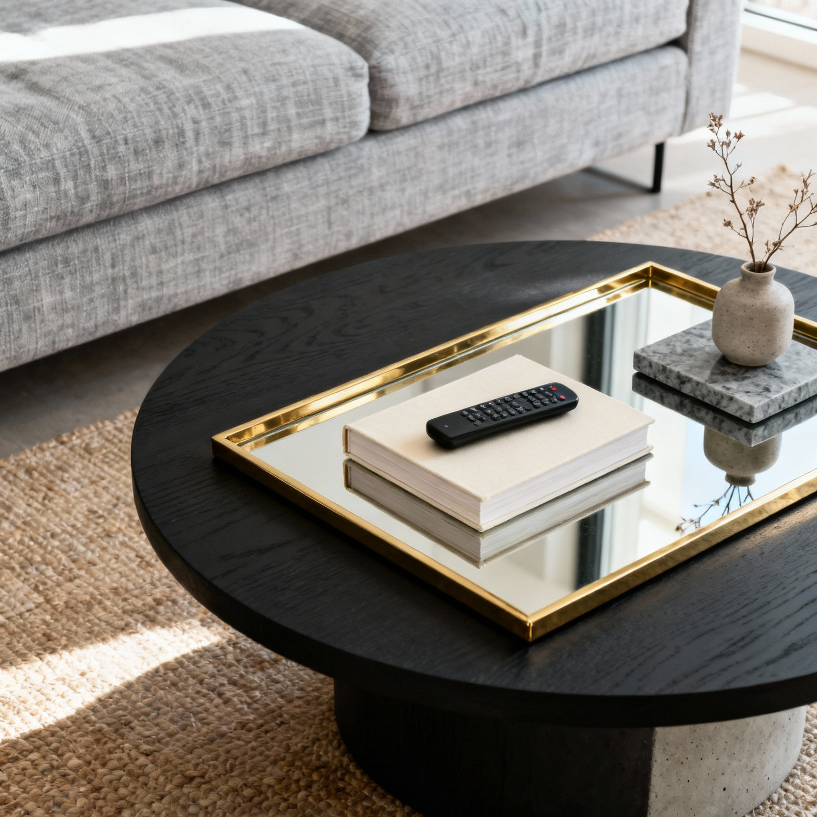 A minimalist, styled coffee table featuring a large polished gold mirrored tray contrasting sharply with the matte black table surface, used to frame and organize a cohesive vignette of books, a remote, and a small decorative vase.