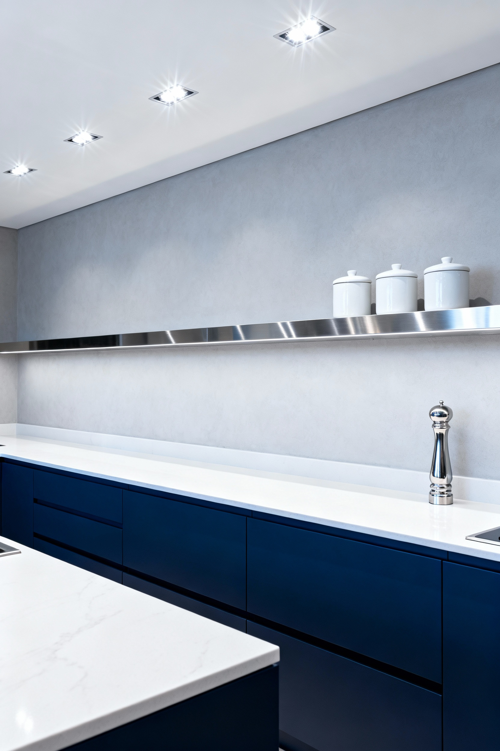 A modern kitchen featuring a heavy-duty, brushed stainless steel backsplash ledge installed above a white quartz countertop, reflecting the overhead lighting and creating a sleek, industrial aesthetic.