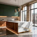Full architectural shot of a contemporary kitchen featuring handleless, two-toned walnut and matte sage cabinets, a large Calacatta marble island with a waterfall edge, and elegant brass pendant lighting under bright natural illumination.