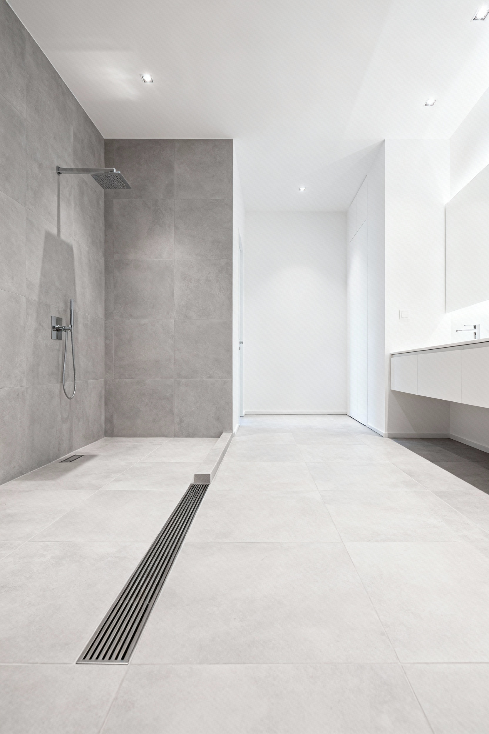 Modern small bathroom with light gray large-format porcelain tiles creating continuous flooring from the curbless shower into the main area, showing a seamless and visually expanded space.