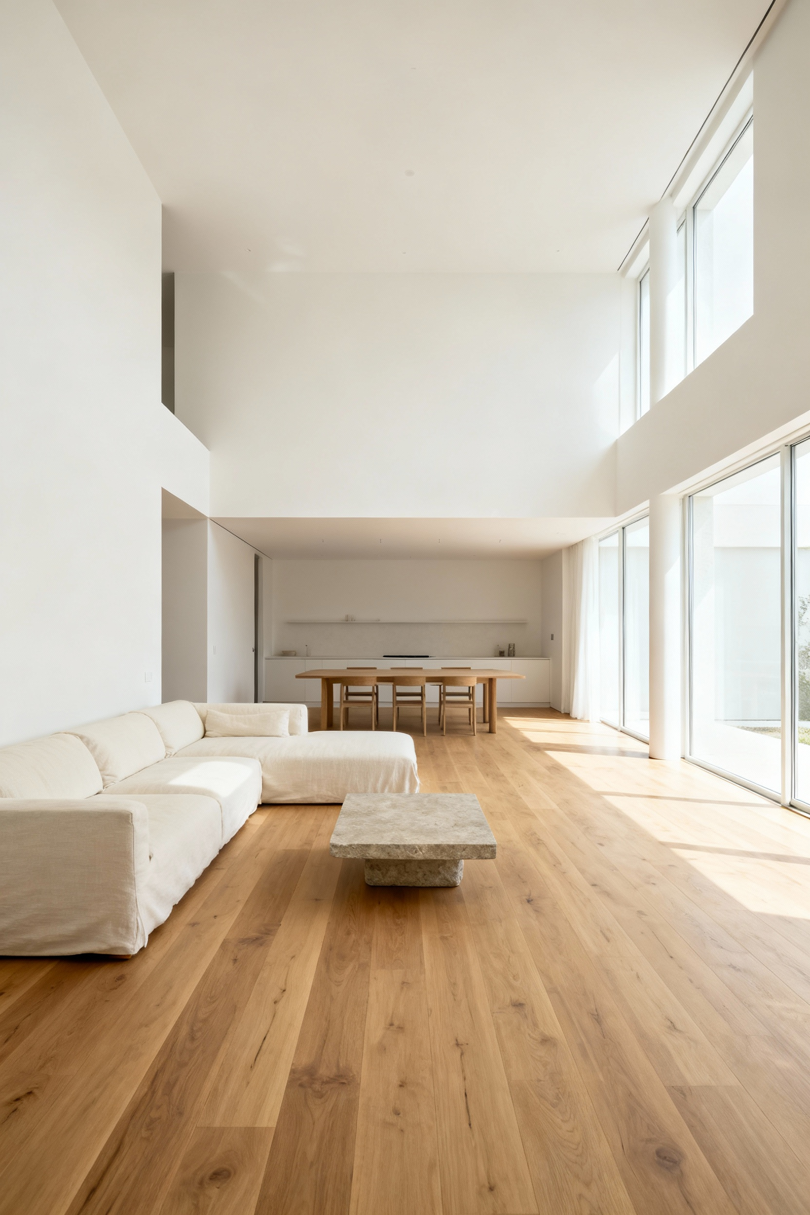 A wide-angle architectural photo of a luxurious open-concept living room featuring continuous wide-plank light oak flooring that seamlessly connects the living area to the adjacent space, illustrating structural design intended to expand the room’s perceived footprint.