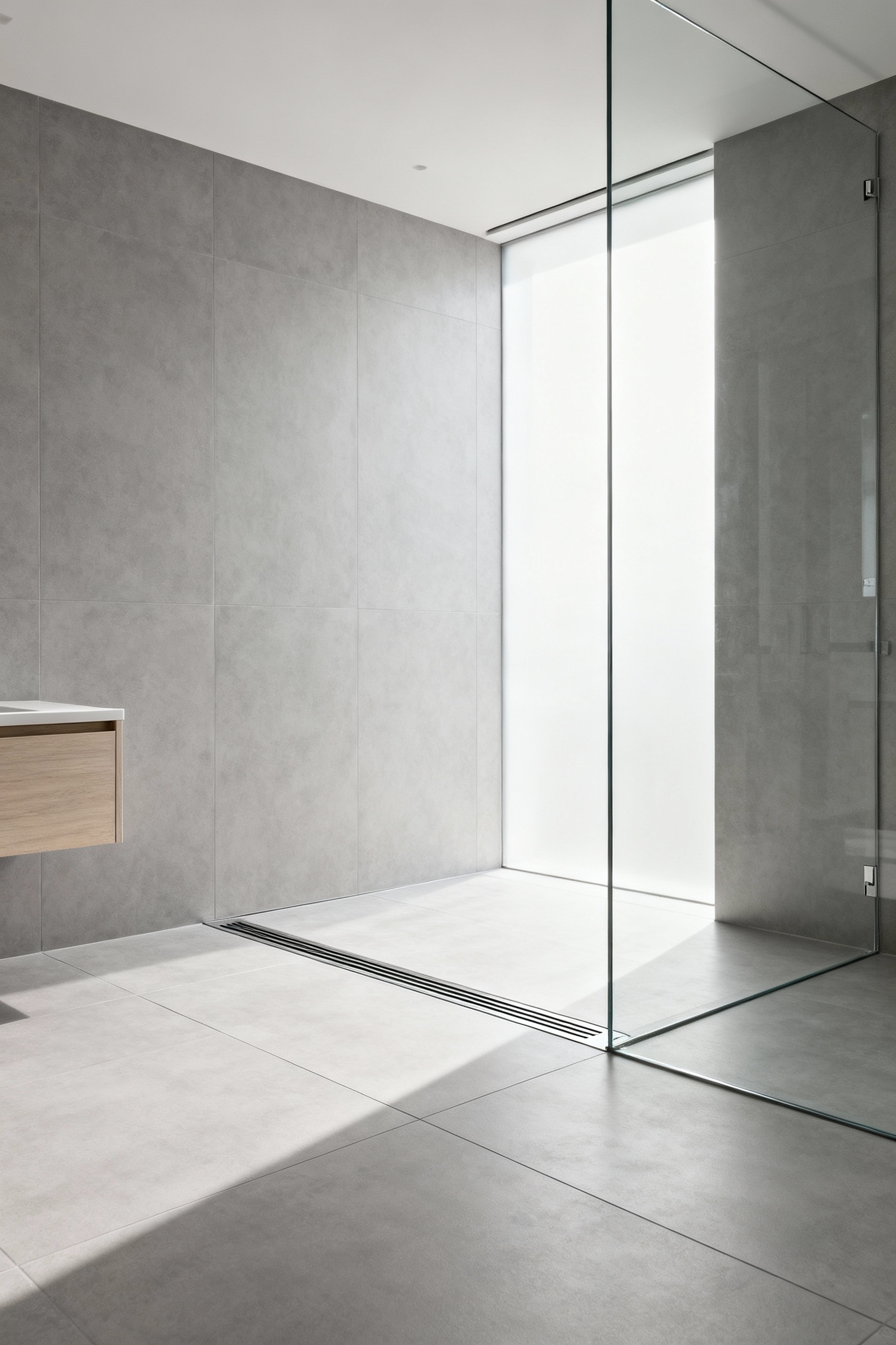 A wide architectural shot of a minimalist curbless shower area featuring large format light gray tiles that flow seamlessly across the entire floor plane toward a barely visible linear drain against the wall.