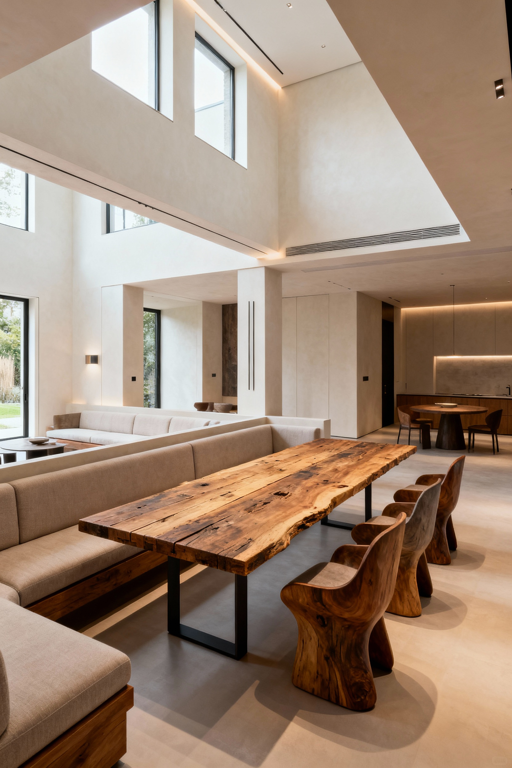 Custom-designed modern dining room with a unique wooden dining table and banquette seating, illustrating unparalleled fit and finish.