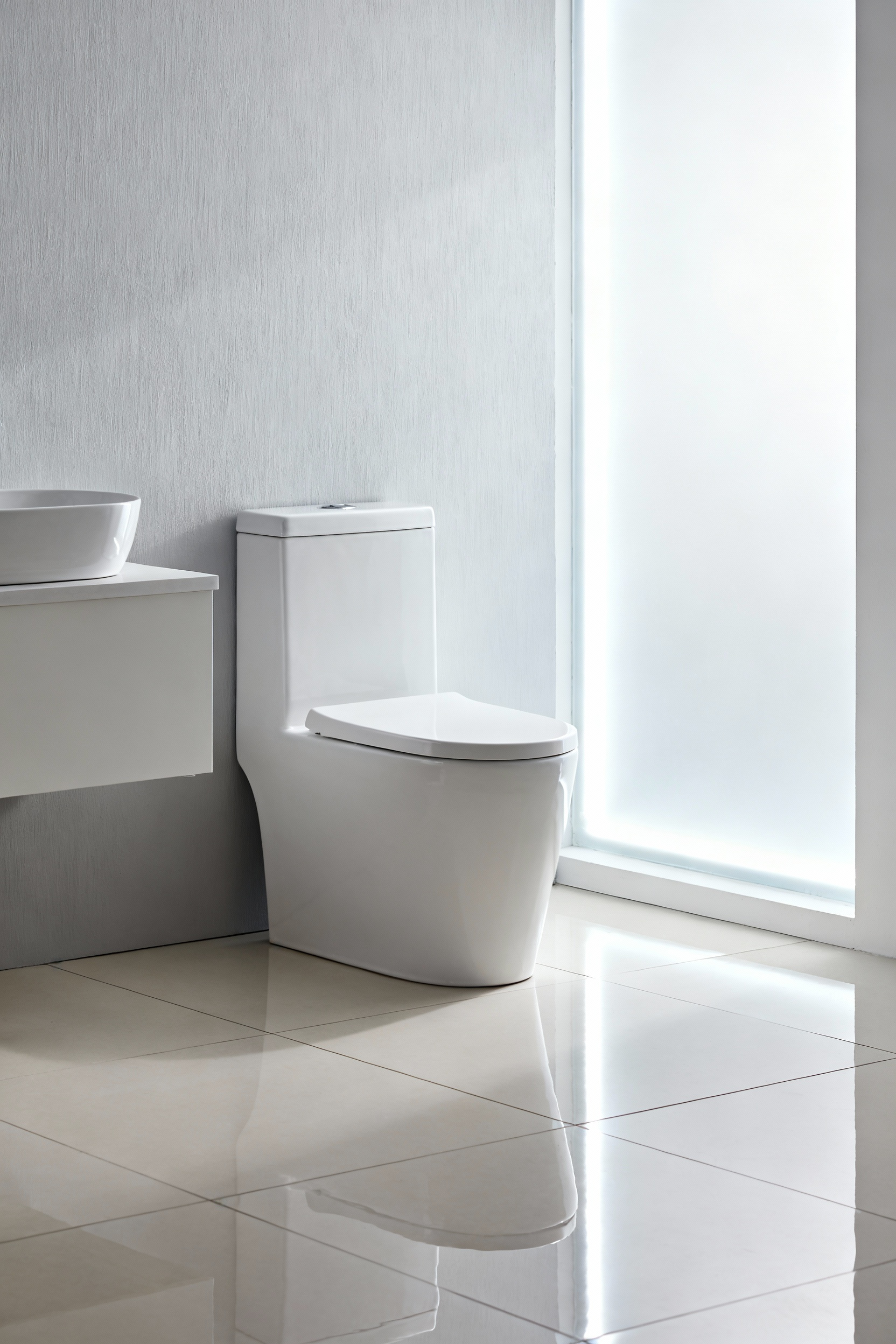 Sleek white elongated wall-mounted toilet in a modern small bathroom with light gray walls and polished light tiles, designed to save space and create a minimalist aesthetic.