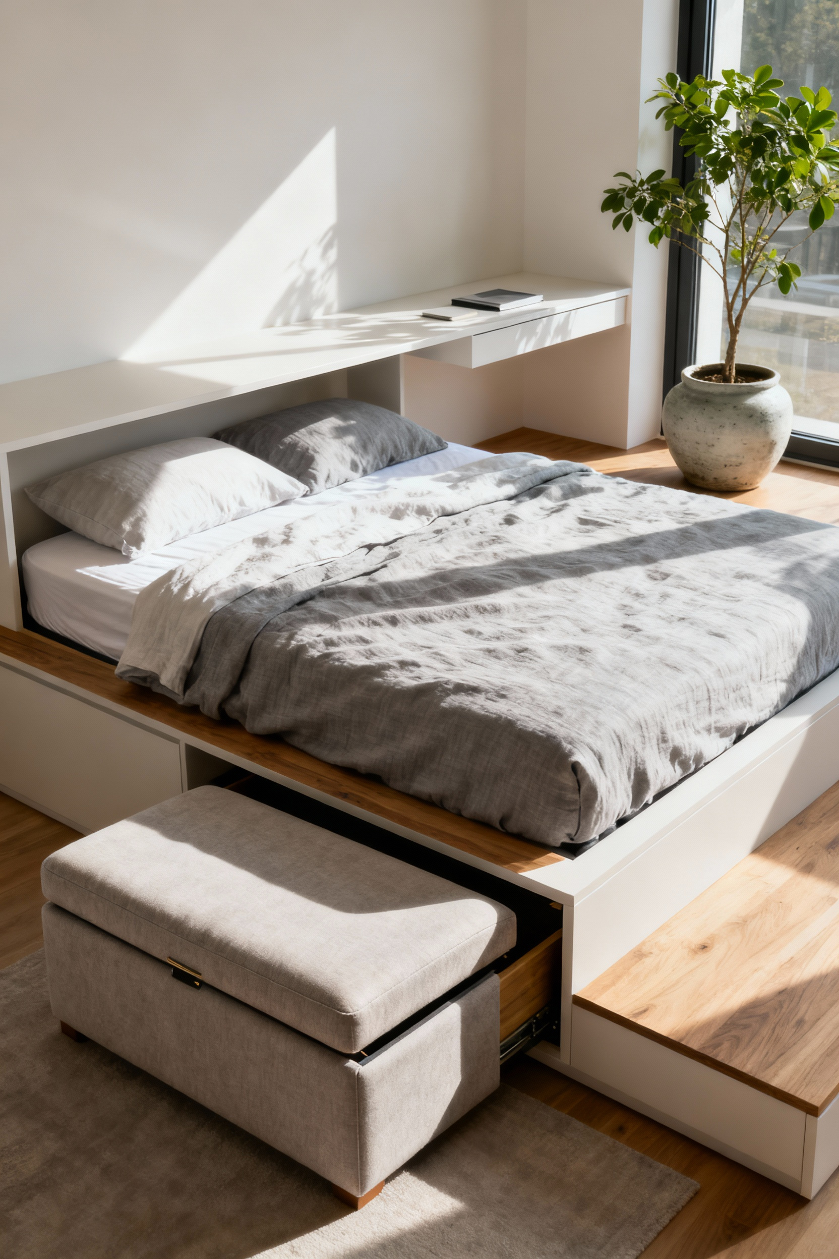 A stylish, modern bedroom featuring an ergonomic storage bed, a multi-functional floating shelf, and an upholstered storage ottoman, designed for balanced form and function in a serene space.