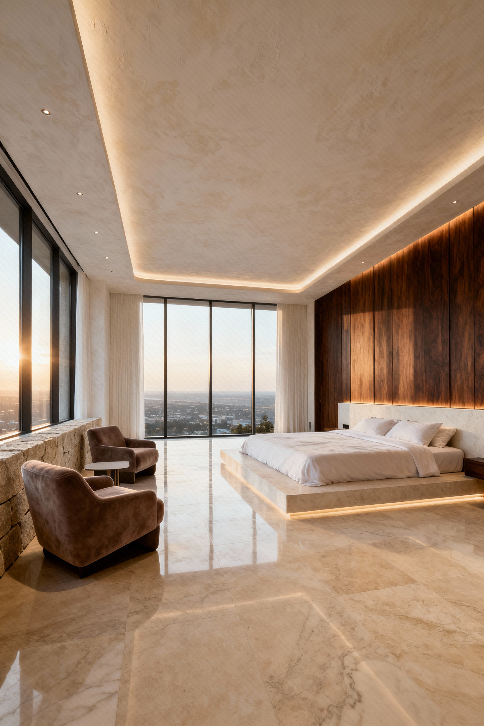 Expansive 700 square foot luxury master bedroom suite showing distinct architectural zoning between the sleeping area and a morning relaxation lounge area.