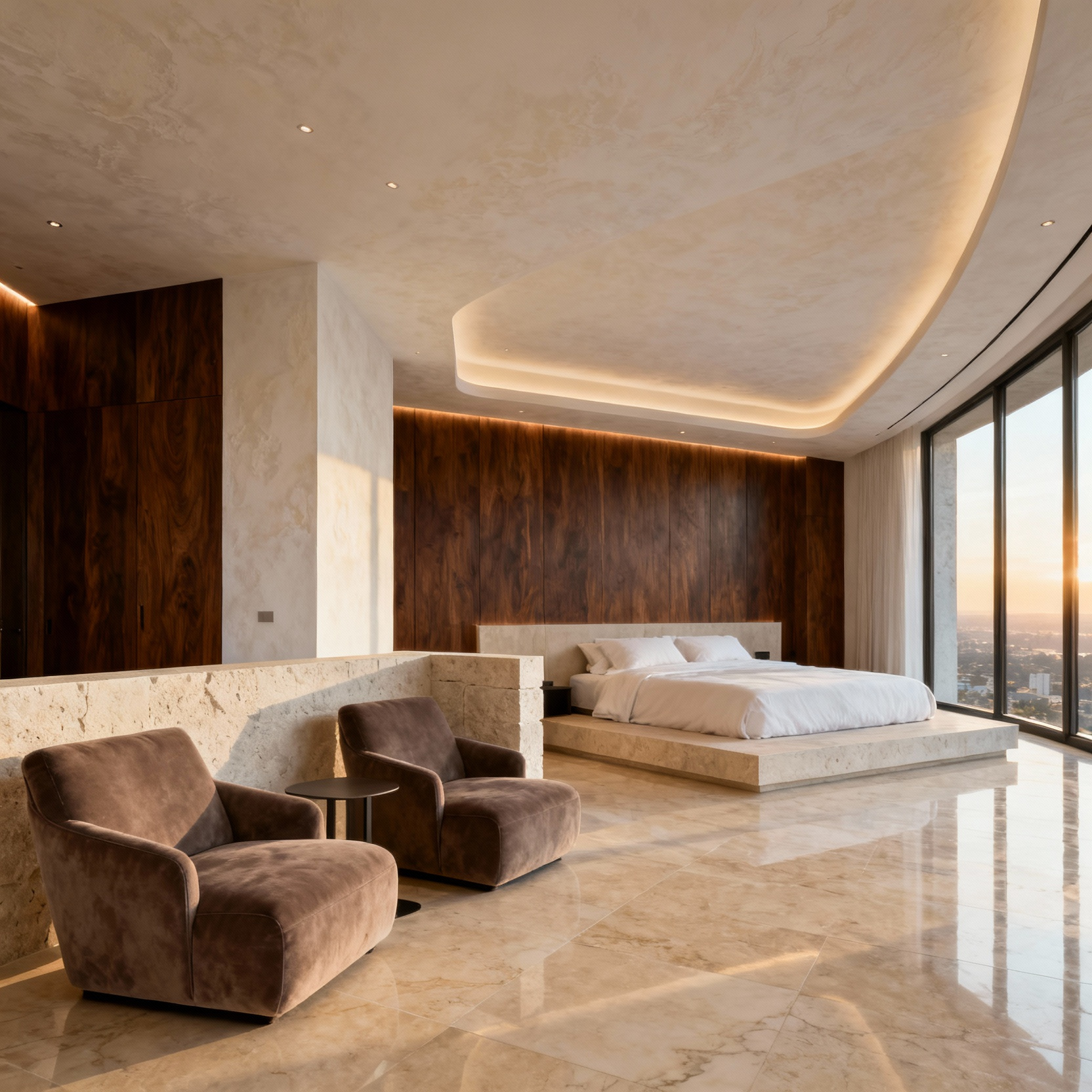 Expansive 700 square foot luxury master bedroom suite showing distinct architectural zoning between the sleeping area and a morning relaxation lounge area.