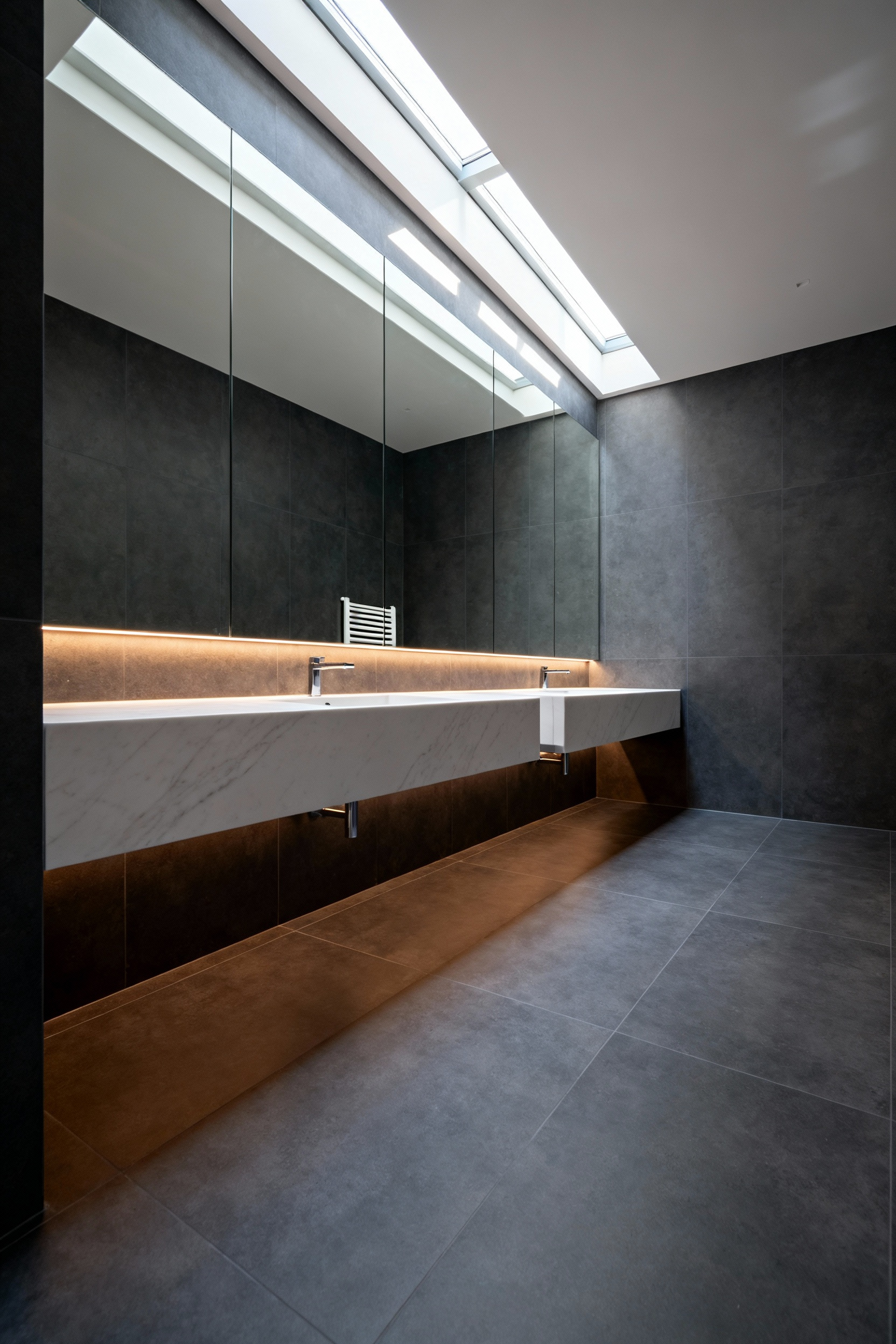 Modern minimalist bathroom featuring large grey tiles, a floating marble vanity, and a full-wall mirror, illustrating the clutter-free space enabled by invisible underfloor heating systems.