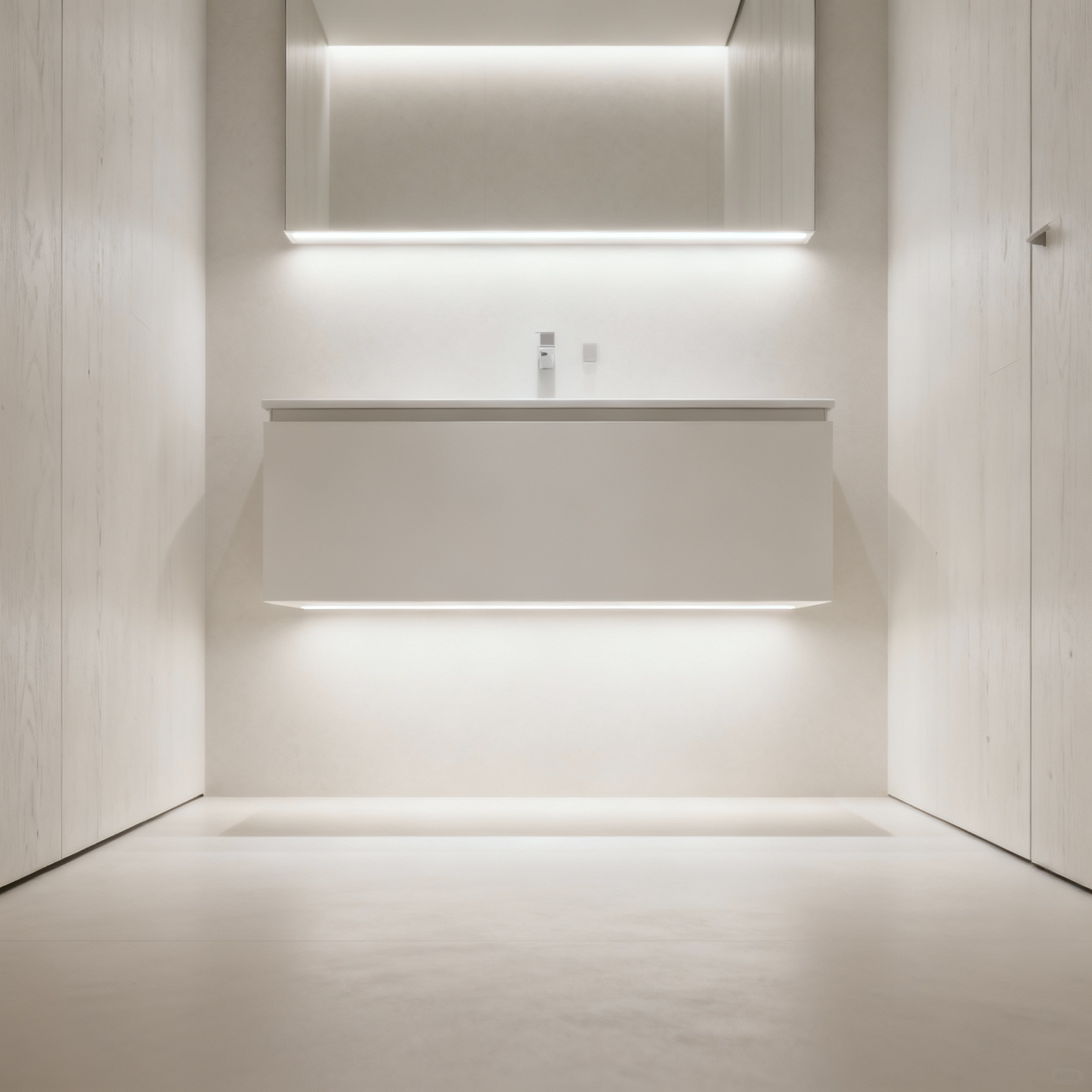 Modern small bathroom featuring a floating vanity with a clear floor space beneath, enhancing visual openness and showcasing subtle under-vanity lighting.