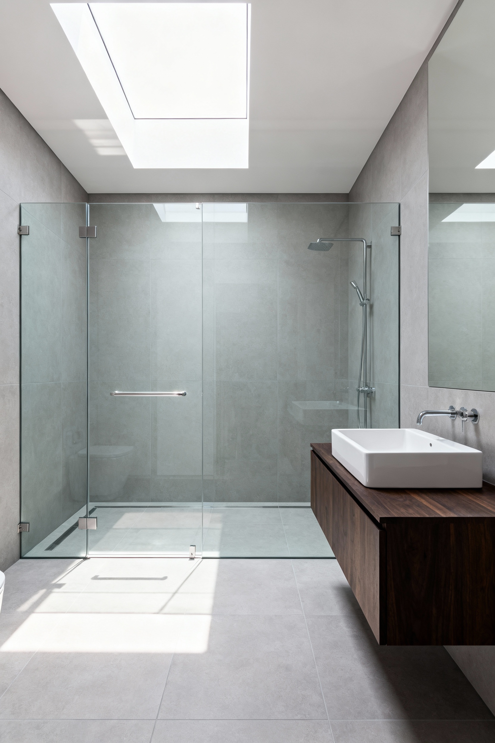 A bright, full-scene view of a modern compact bathroom featuring a seamless frameless glass shower enclosure and continuous light gray tile flooring, illustrating enhanced sightlines and room clarity.