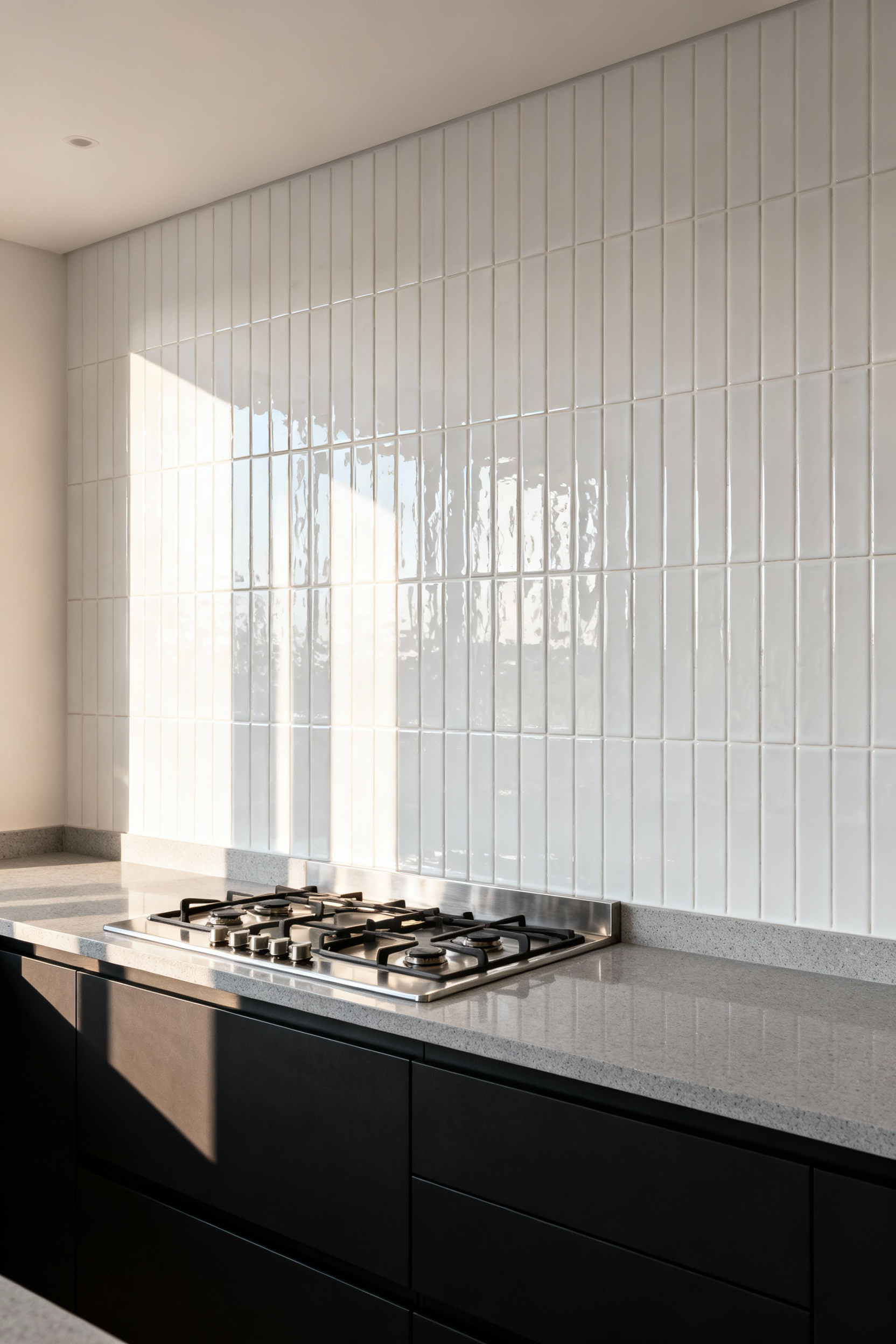 A compact modern kitchen featuring a full-height, counter-to-ceiling white zellige tile backsplash that creates an uninterrupted vertical line, making the room appear significantly taller.