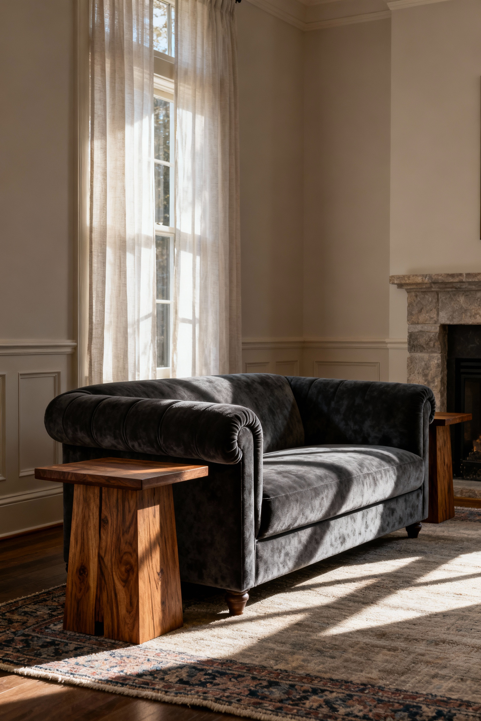 Elegant living room featuring a substantial, heirloom-quality English roll arm sofa in deep charcoal velvet, showcasing timeless and durable furniture as a core design investment.