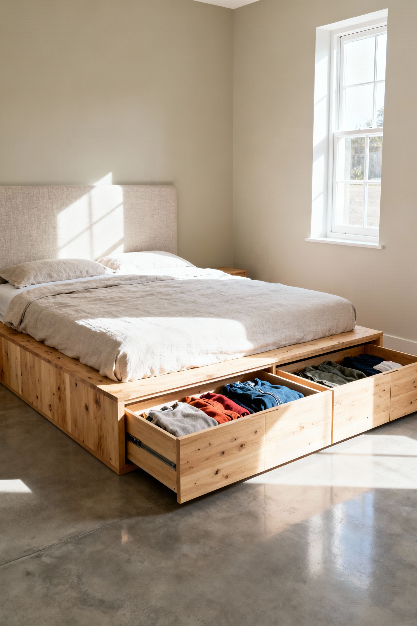 A modern small bedroom featuring a light wood platform bed with deep integrated drawers and concealed storage, illustrating how elevated beds reduce visual clutter.