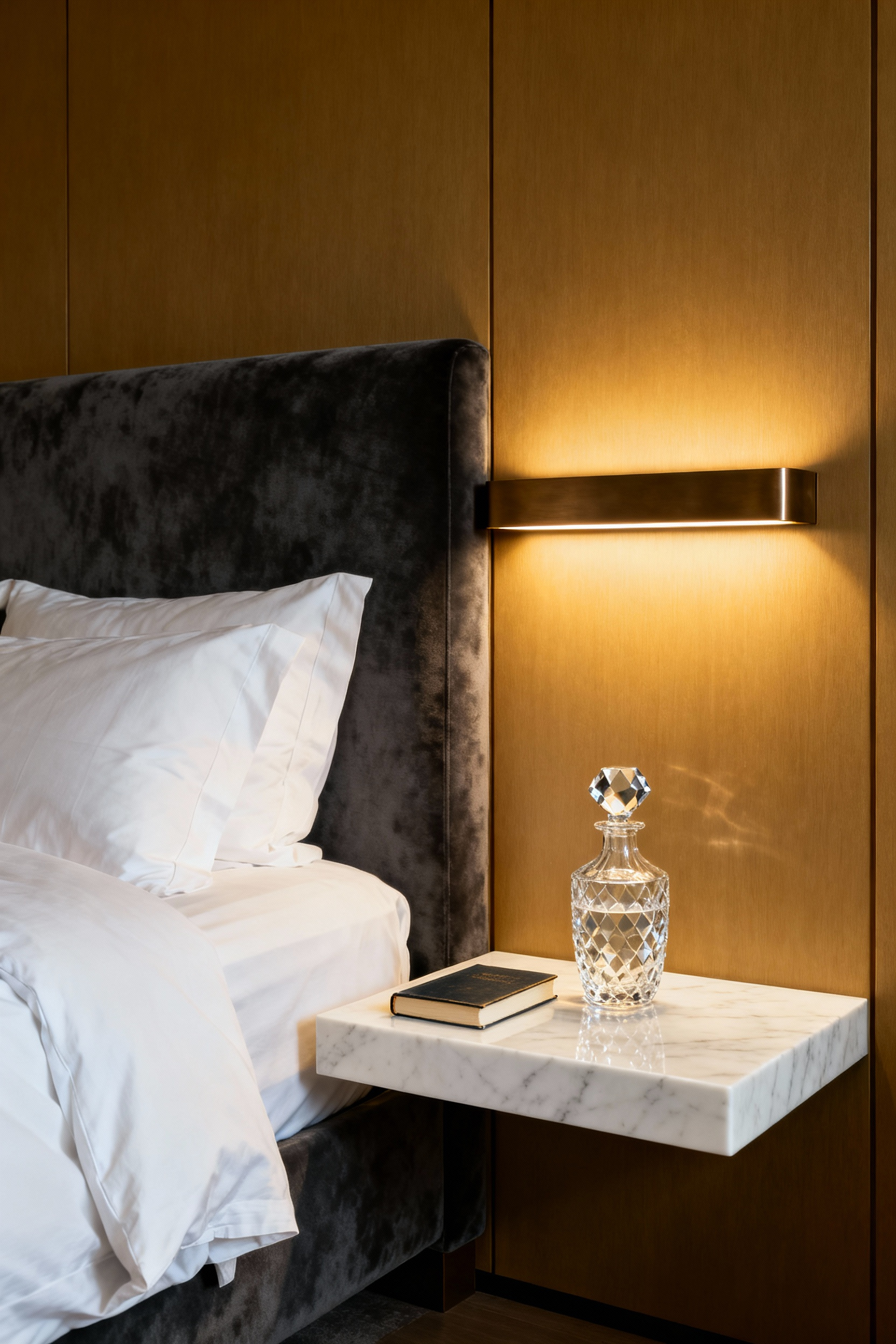 Luxury bedroom nightstand with a pristine white marble surface illuminated by an integrated vertical brass wall sconce, highlighting a crystal carafe and a book.