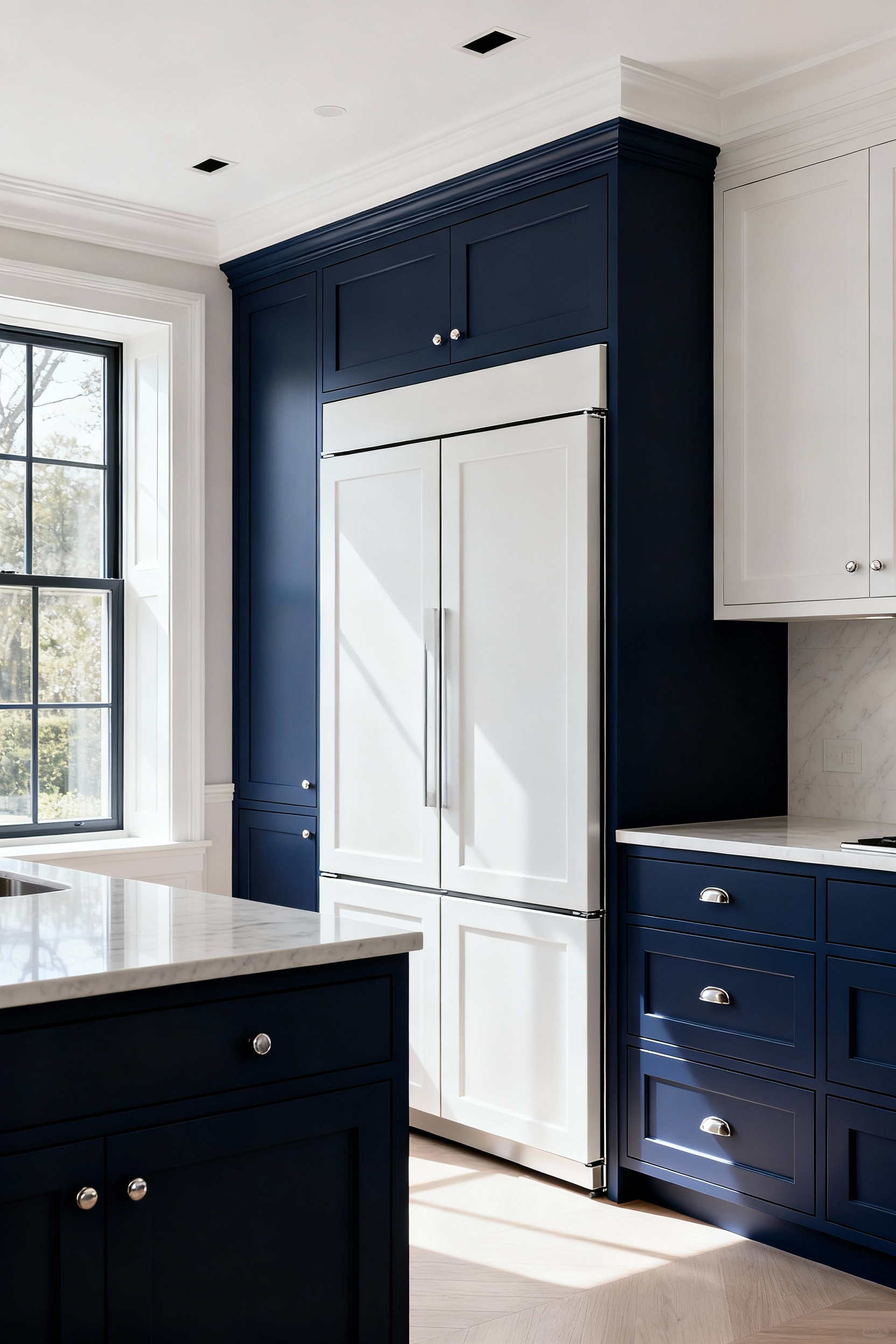 A sophisticated blue kitchen featuring perfectly integrated paneled appliances like a refrigerator and dishwasher, showcasing seamless cabinetry and a luxurious design.