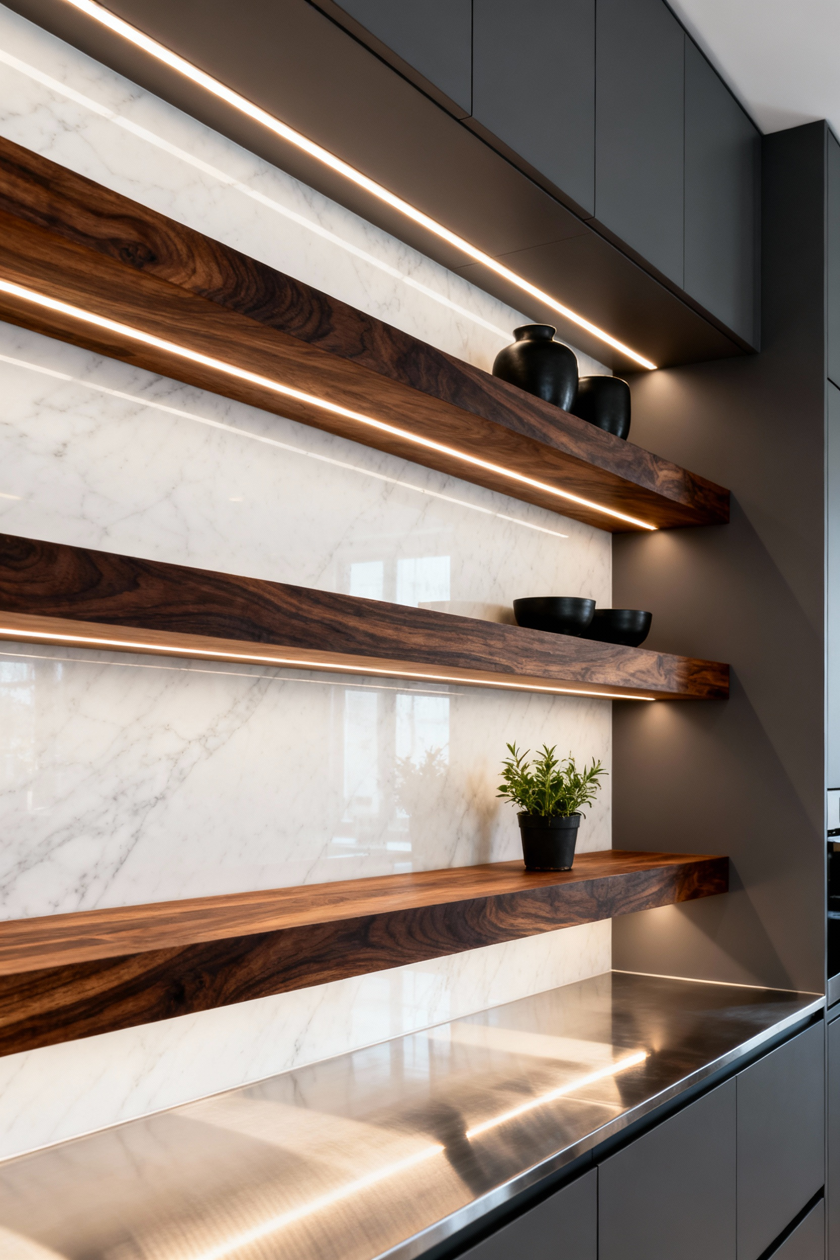Floating walnut kitchen shelves with fully integrated, recessed LED strip lighting casting a warm, seamless glow onto the marble backsplash and counter below.