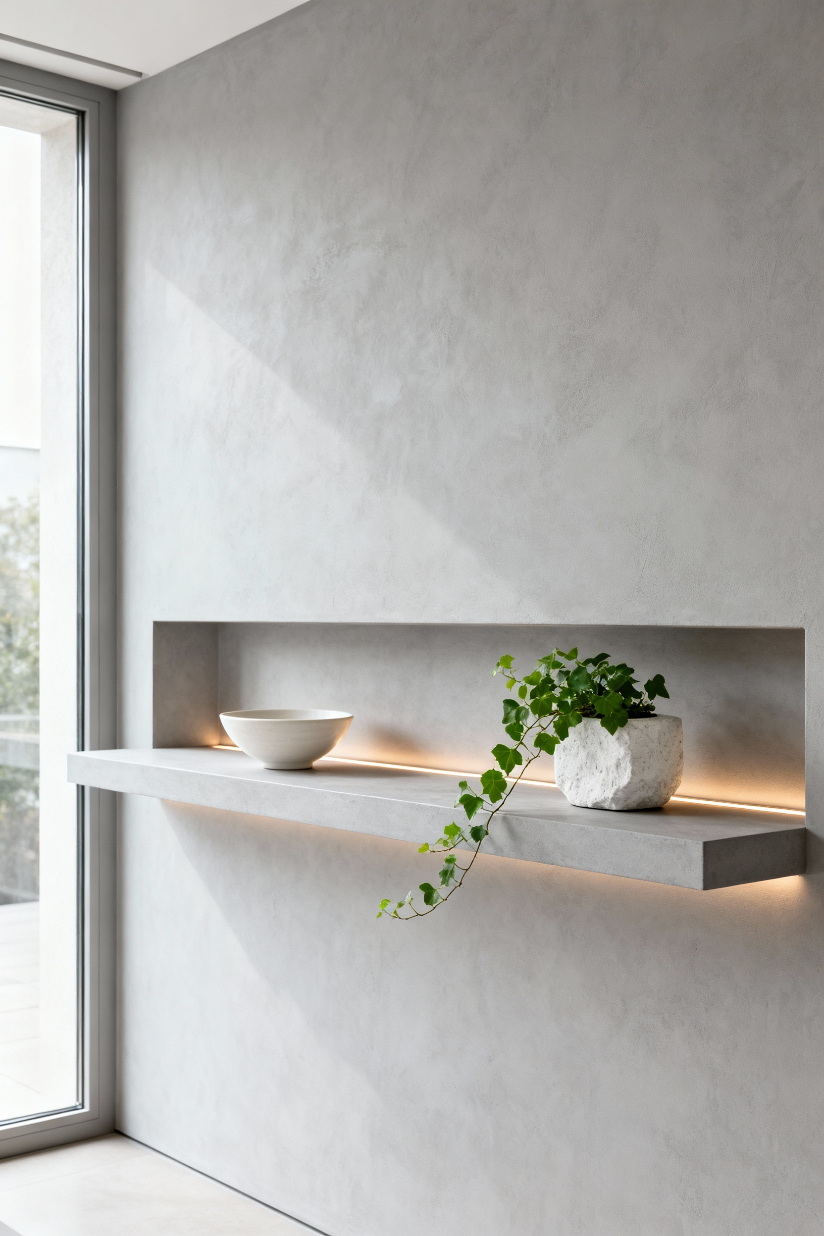 Seamless floating kitchen shelf mounted using concealed hardware, blending into the light grey wall for a true minimalist aesthetic.