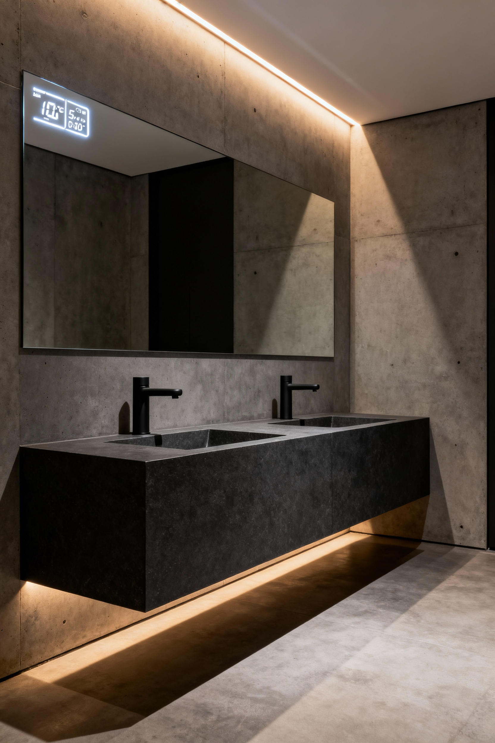 A photograph of a seamless, high-tech modern bathroom featuring a floating vanity, touchless matte black fixtures, and an integrated in-mirror display demonstrating the aesthetics of invisible technology.