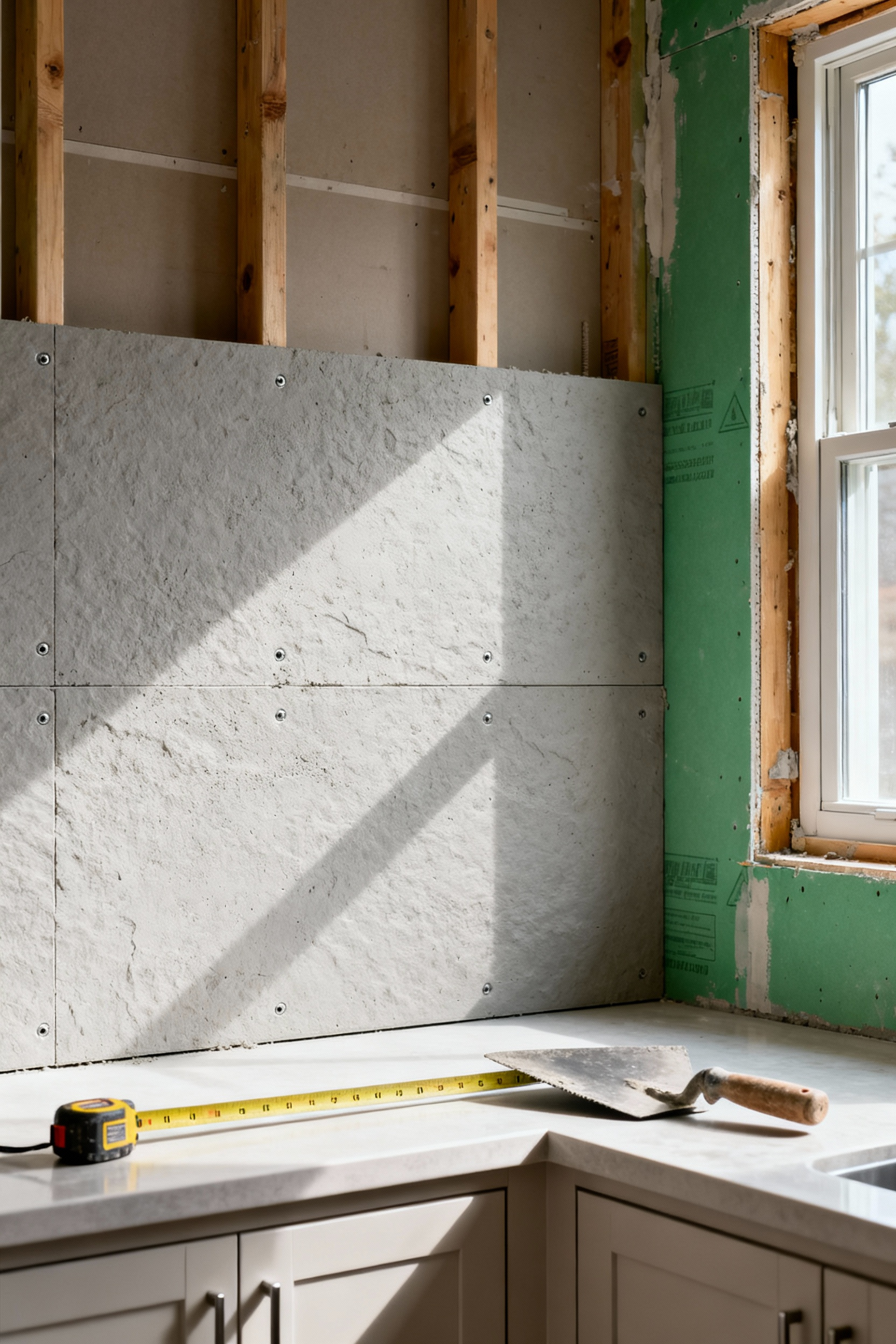 Exposed kitchen wall showing the installation of gray cement backer board substrate next to green moisture-resistant drywall, illustrating the material choice for a durable tile backsplash preparation.