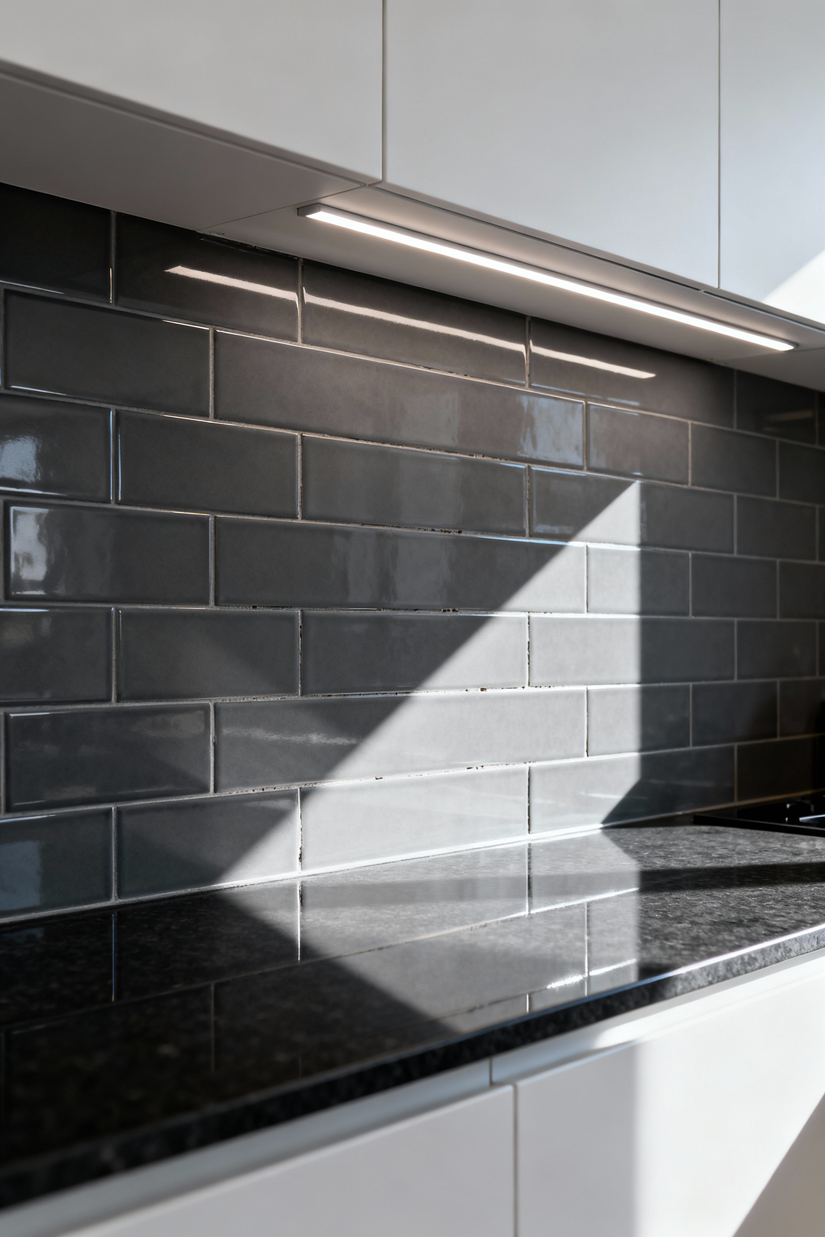 Grazing illumination from under-cabinet LED lighting casting severe shadows on a glossy ceramic tile backsplash, demonstrating the magnified effect of tile lippage and uneven installation.