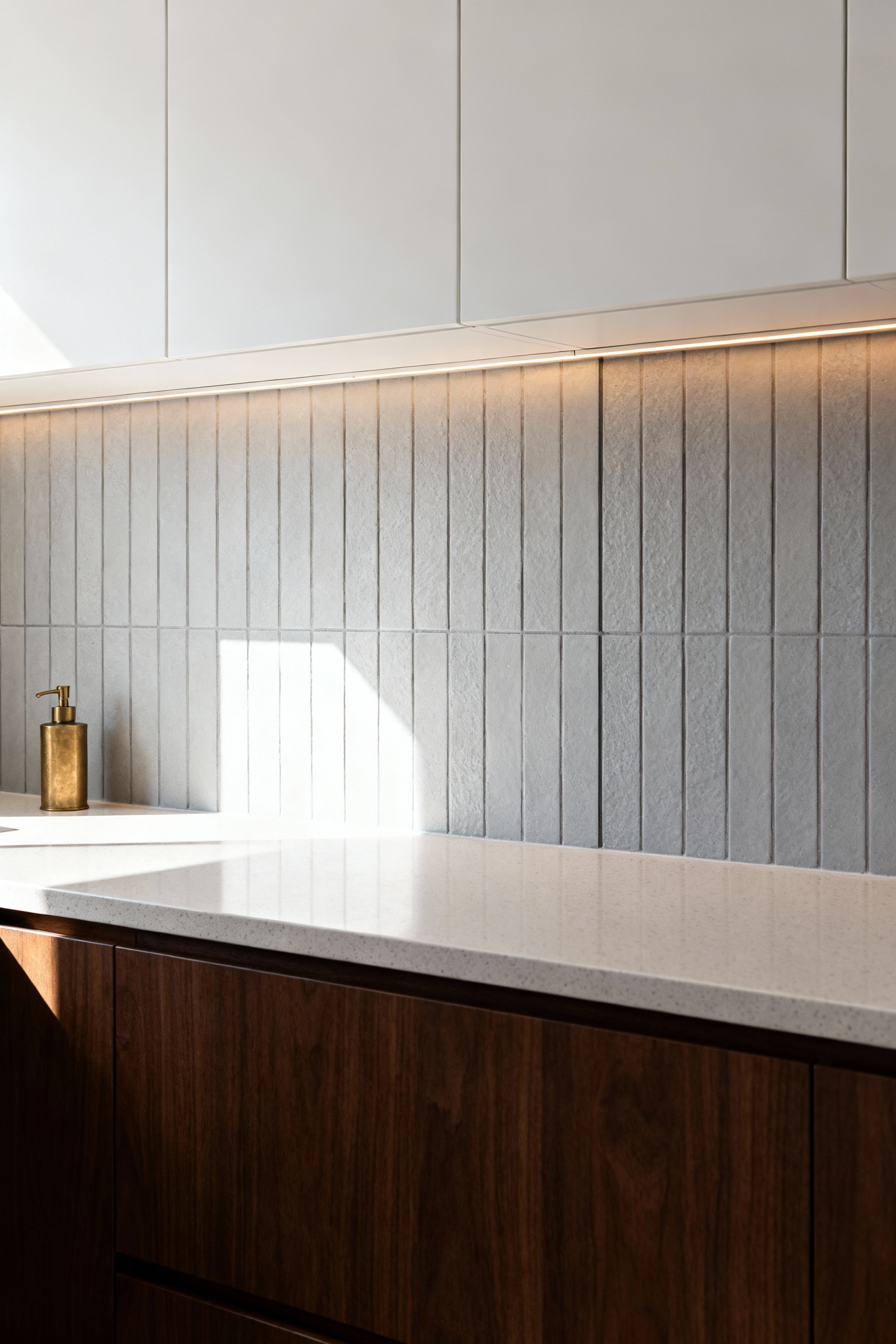 A transitional kitchen backsplash where the vertical tile edge is precisely aligned with the shallower upper cabinet, illustrating the professional design standard for tile termination.