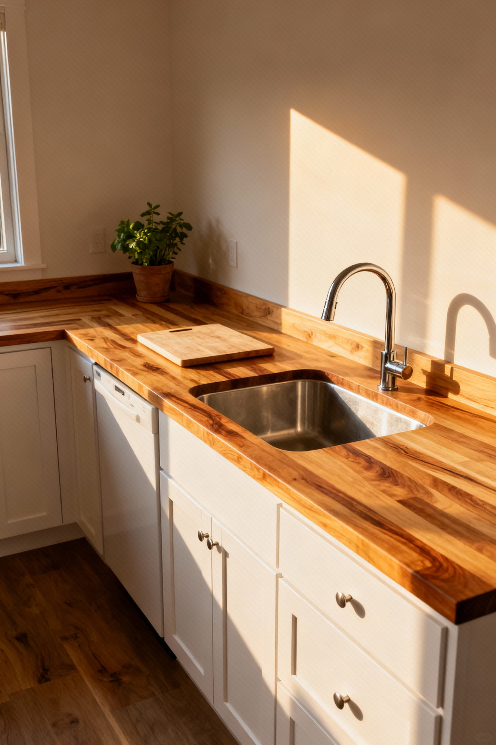 Oiled maple butcher block countertops providing organic warmth against inexpensive white shaker cabinets in a bright, budget kitchen remodel.