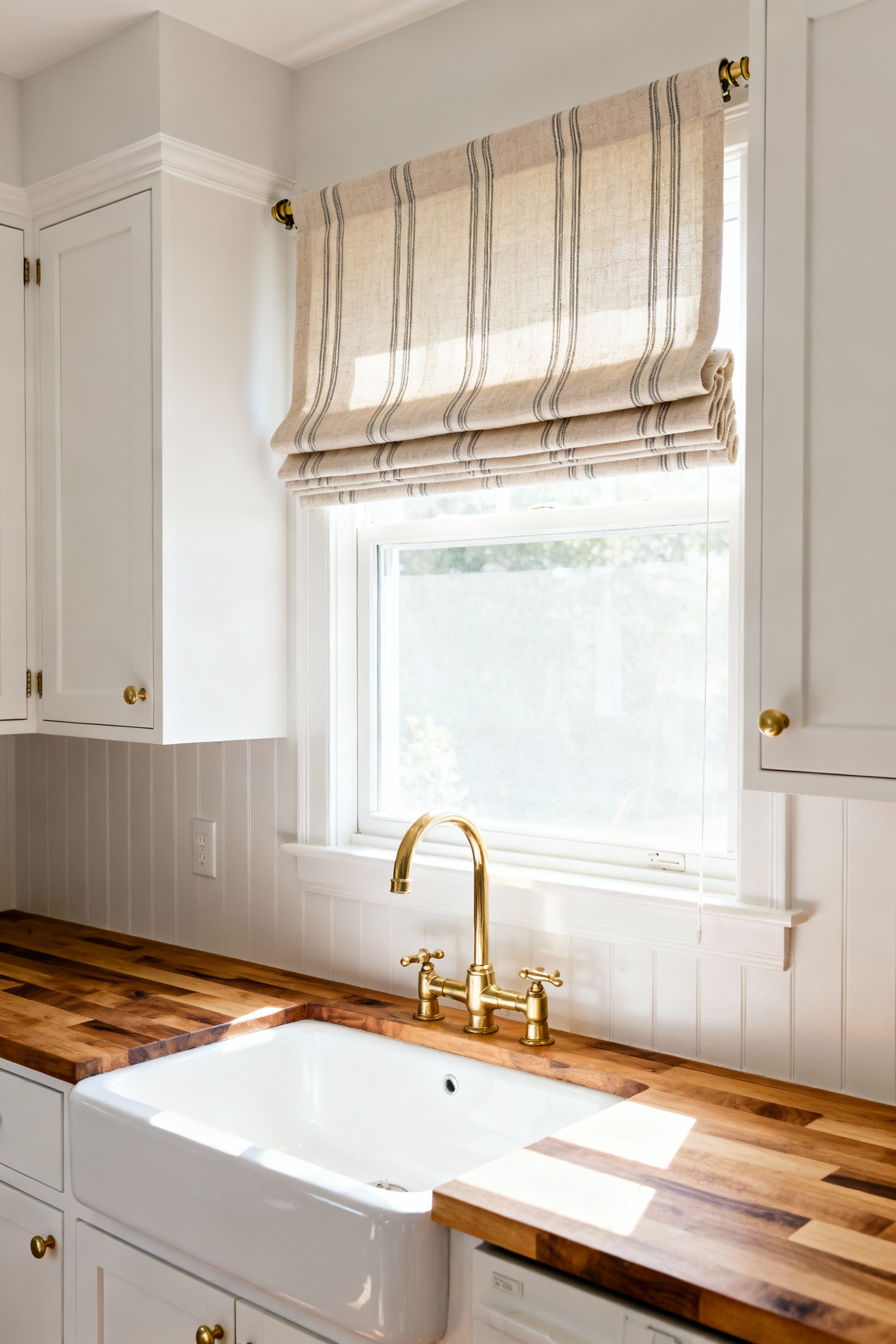 A bright, budget-friendly kitchen remodel featuring a large window dressed with a tailored, no-sew Roman shade made from striped linen fabric, showcasing a high-end look achieved through DIY window treatments.