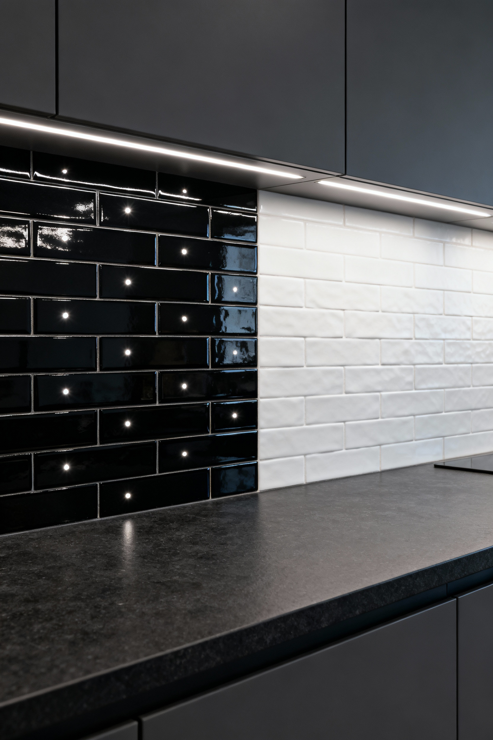 A kitchen backsplash demonstrating lighting dynamics, featuring glossy black tiles reflecting sharp LED dots next to matte white textured tiles that scatter the light softly.
