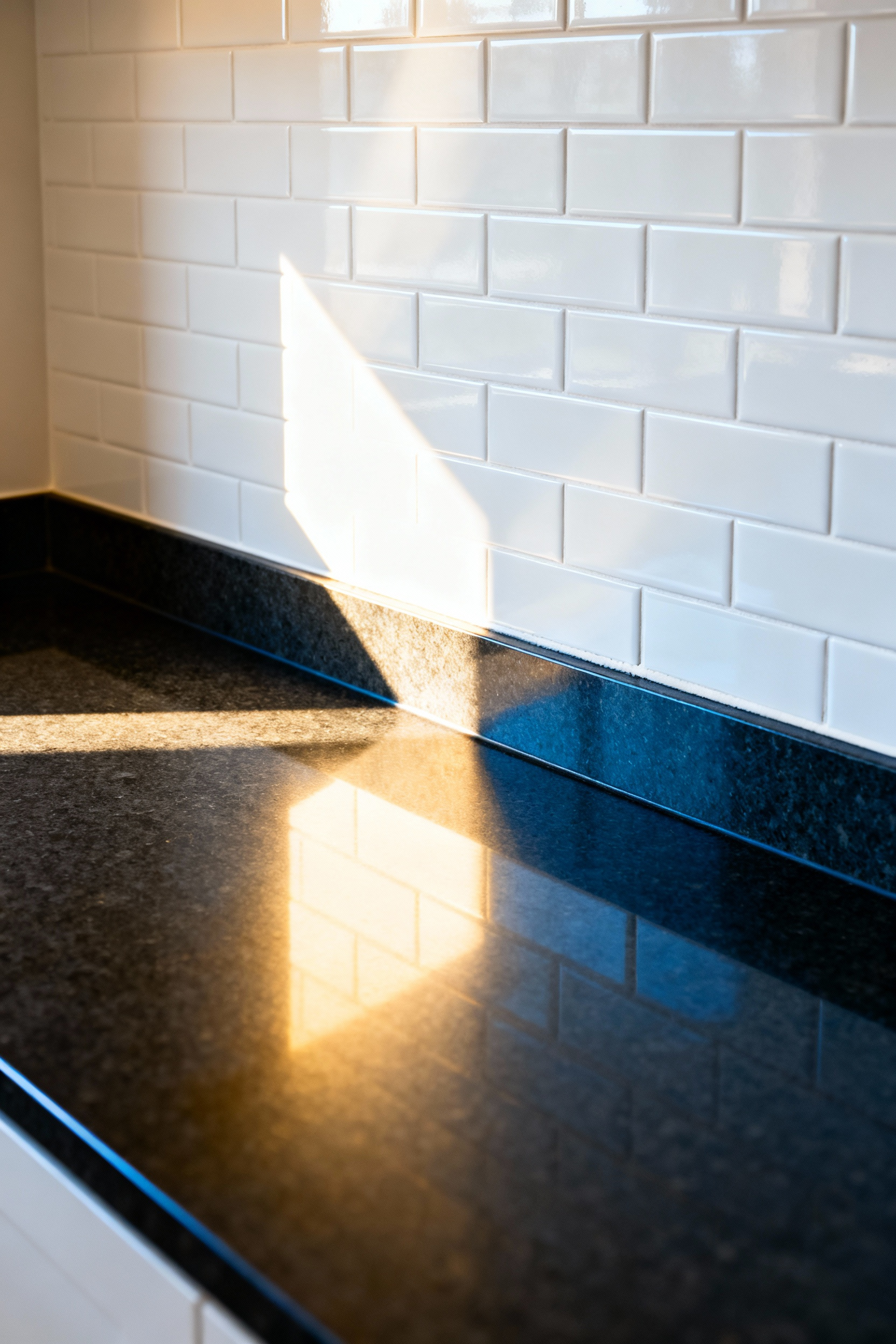 Full view of a modern kitchen showing a white subway tile backsplash meeting a dark quartz countertop, highlighting the critical caulk joint (soft joint) between the dissimilar materials.