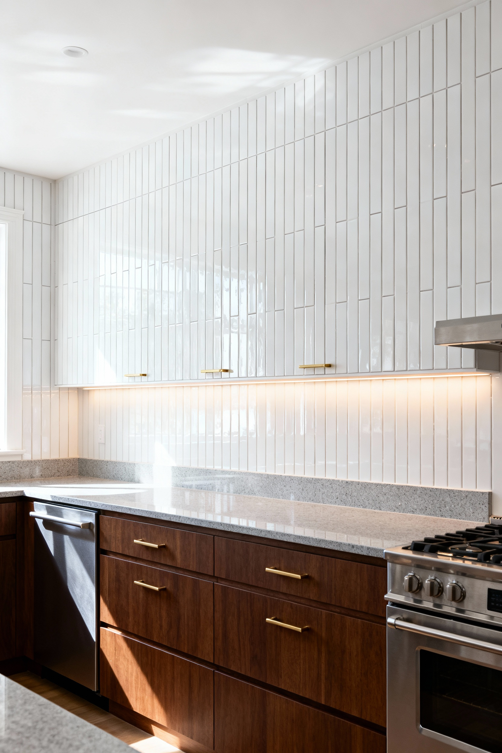 A compact kitchen with vertically stacked white subway tile backsplash running from the counter to the ceiling, designed to visually increase the perceived height of the room above the dark walnut cabinets and quartz countertop.