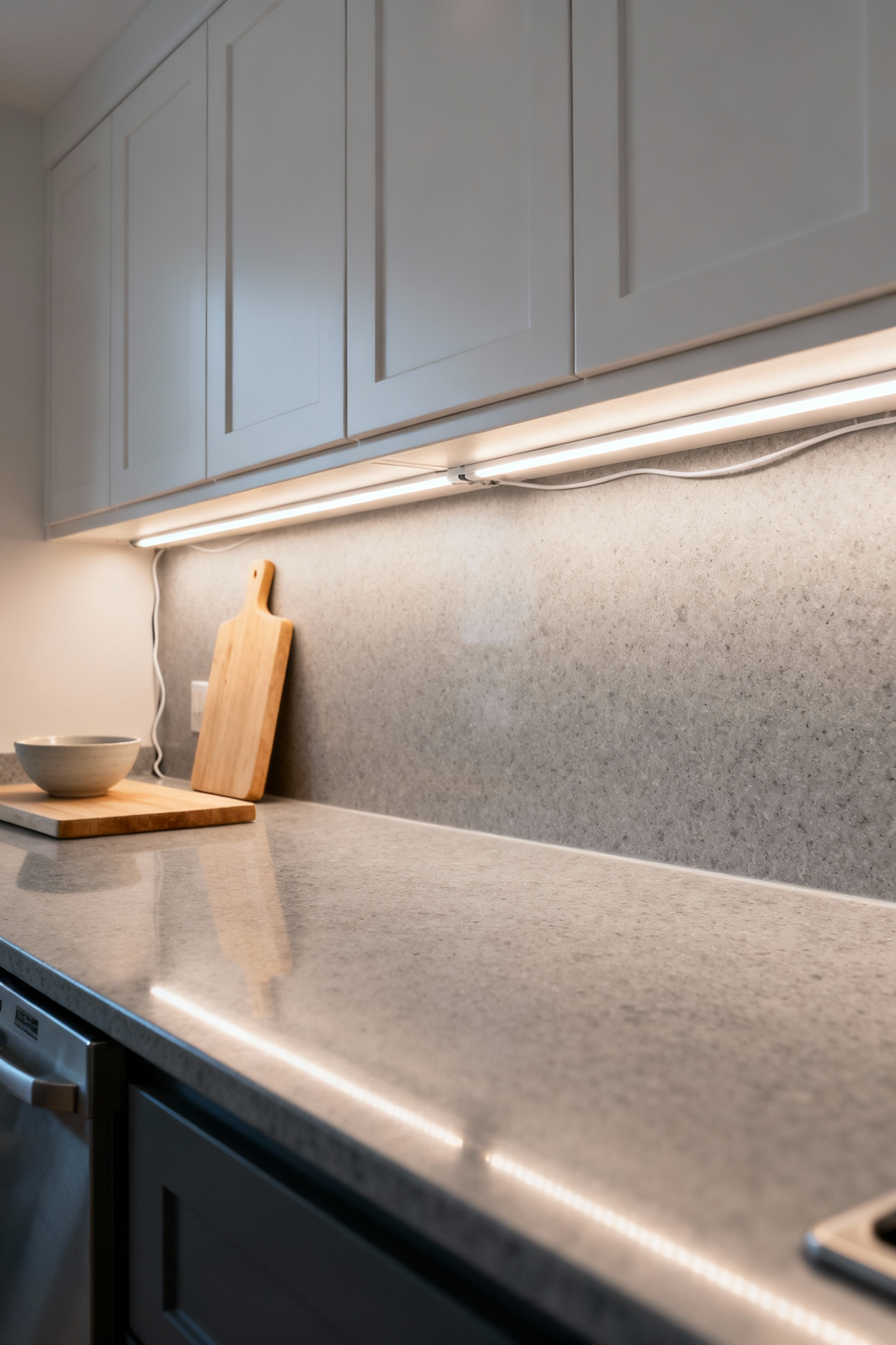 Seamless 3000K LED tape strip lighting installed under matte white kitchen cabinets illuminating a light gray countertop, demonstrating effective and budget-friendly task lighting solutions.