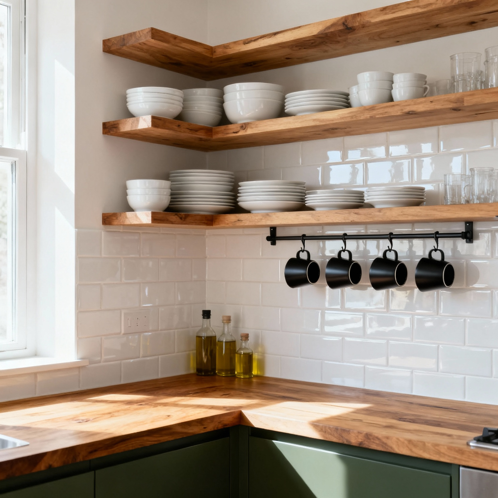 Open wooden shelves in a small, efficient kitchen displaying white plates, coffee mugs, and cooking oils, illustrating high-frequency infrastructure storage.