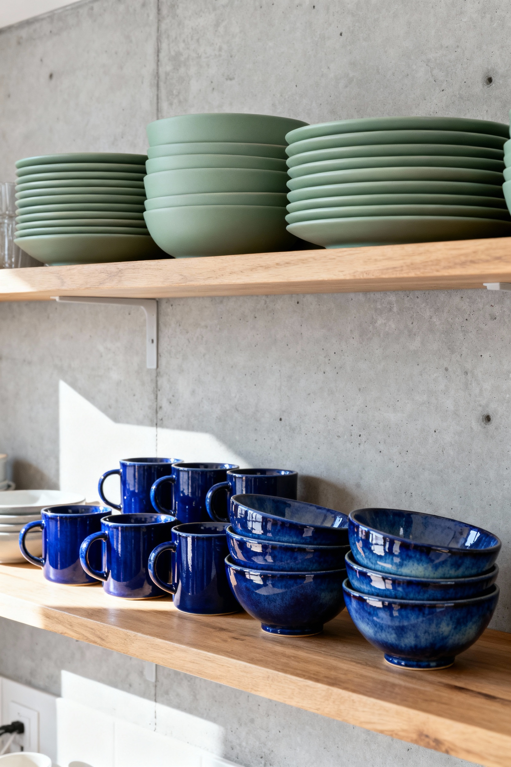 Open kitchen shelving displaying a color blocking technique using tightly stacked matte sage green plates and deep cobalt blue bowls against a neutral white wall, illustrating modern kitchen shelving ideas.
