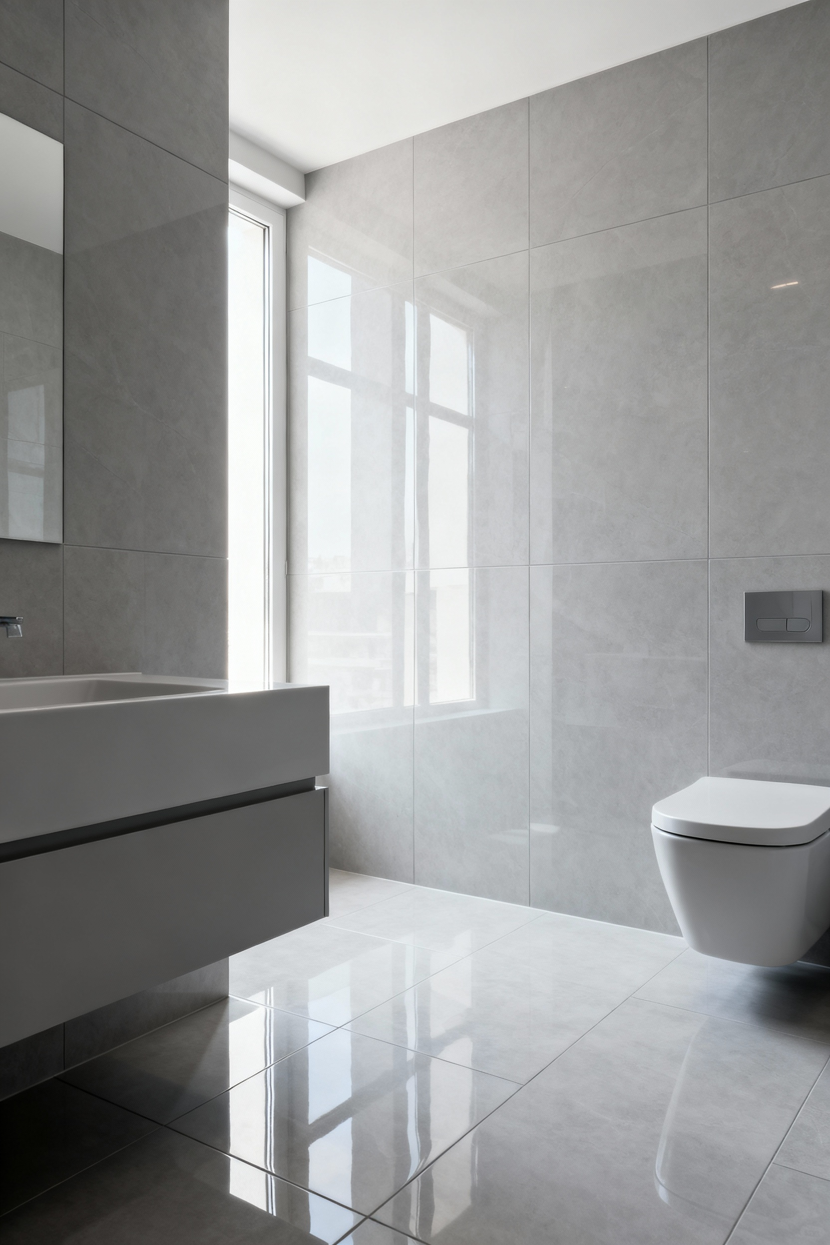 A modern small bathroom featuring light grey polished large-format tiles on the walls and floor, creating a seamless surface with minimal grout lines to visually expand the space.
