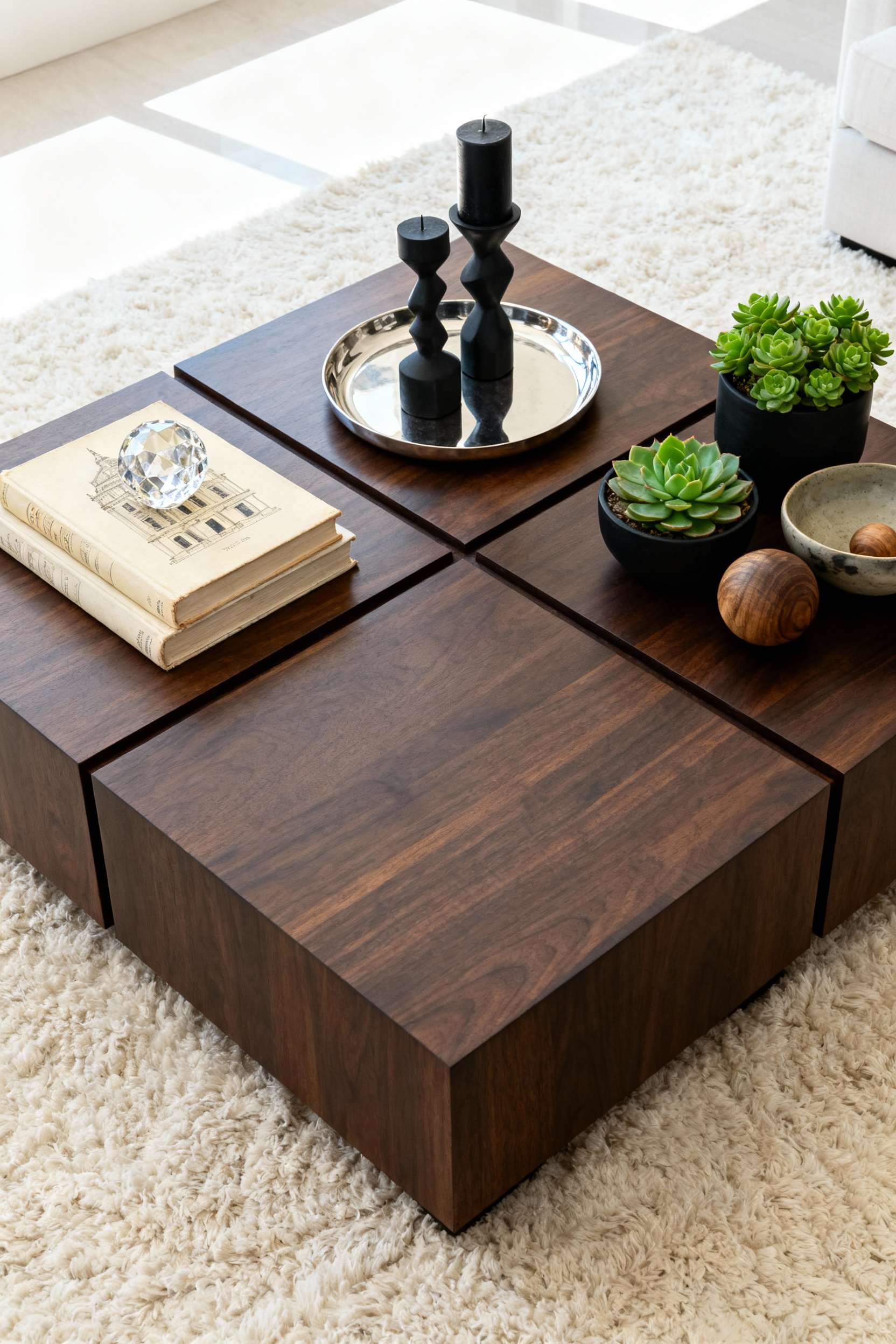 A large square dark walnut coffee table styled with four strategic groupings of decor demonstrating the 3x3 grid system for organizing expansive surfaces in a modern living room setting.