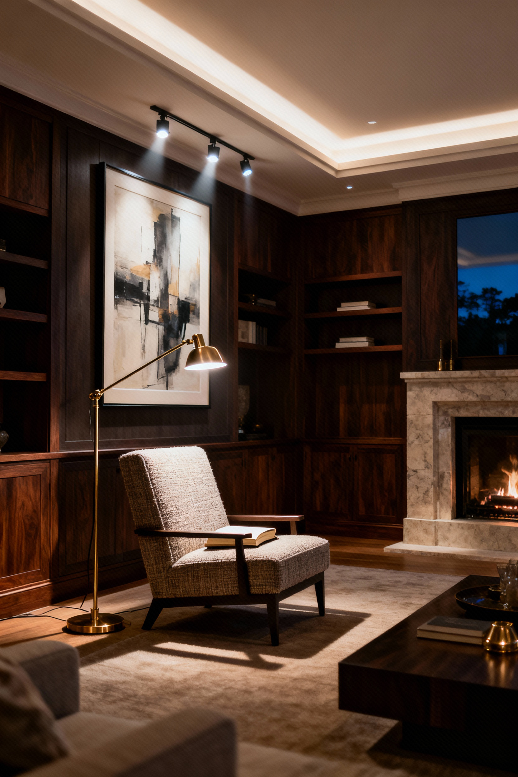 A luxury living room showcasing distinct ambient, task, and accent lighting layers utilized independently to achieve a dramatic, high-contrast, gallery-like effect.