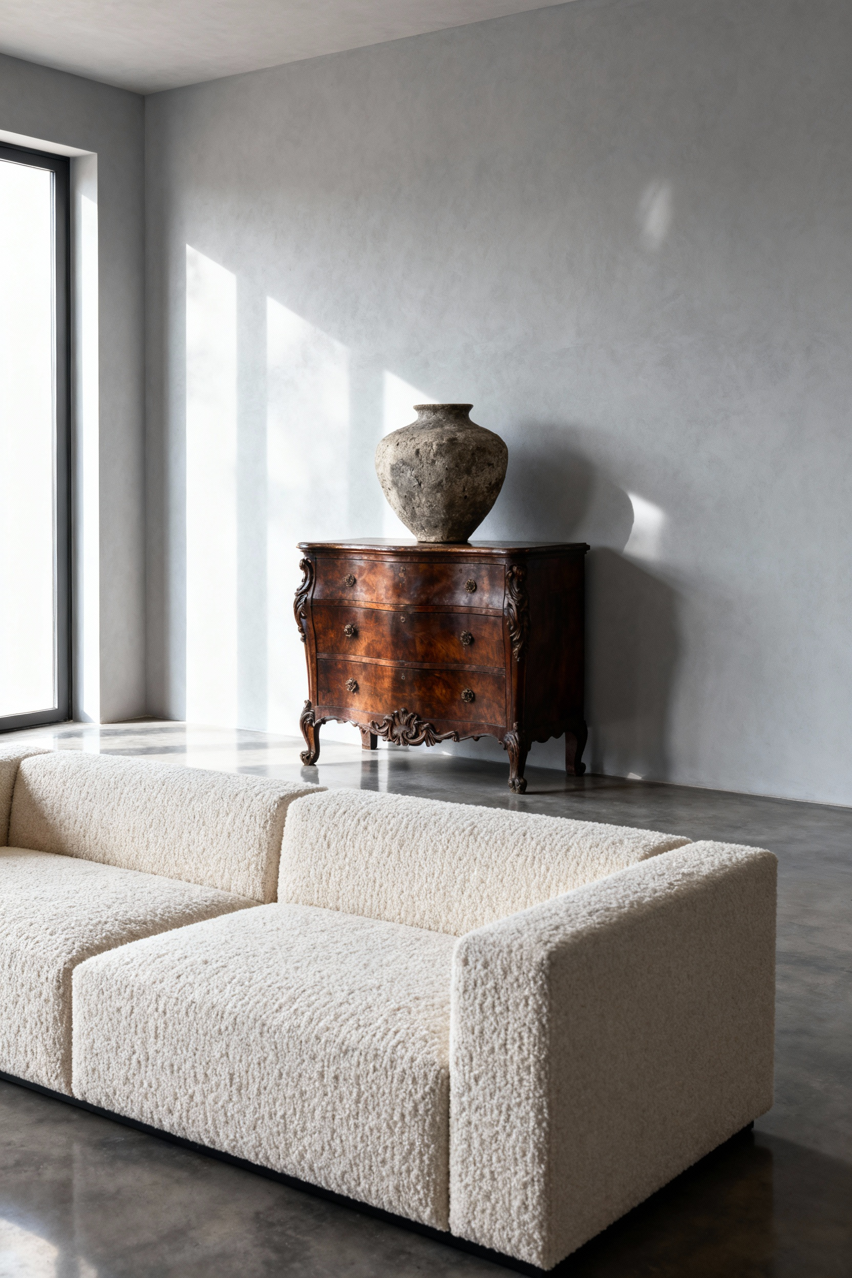 A high-contrast, modern living room demonstrating the 80/20 design rule, featuring a sleek cream modular sofa and minimalist architecture contrasted sharply by a prominent, dark mahogany 18th-century French commode positioned against the neutral back wall.