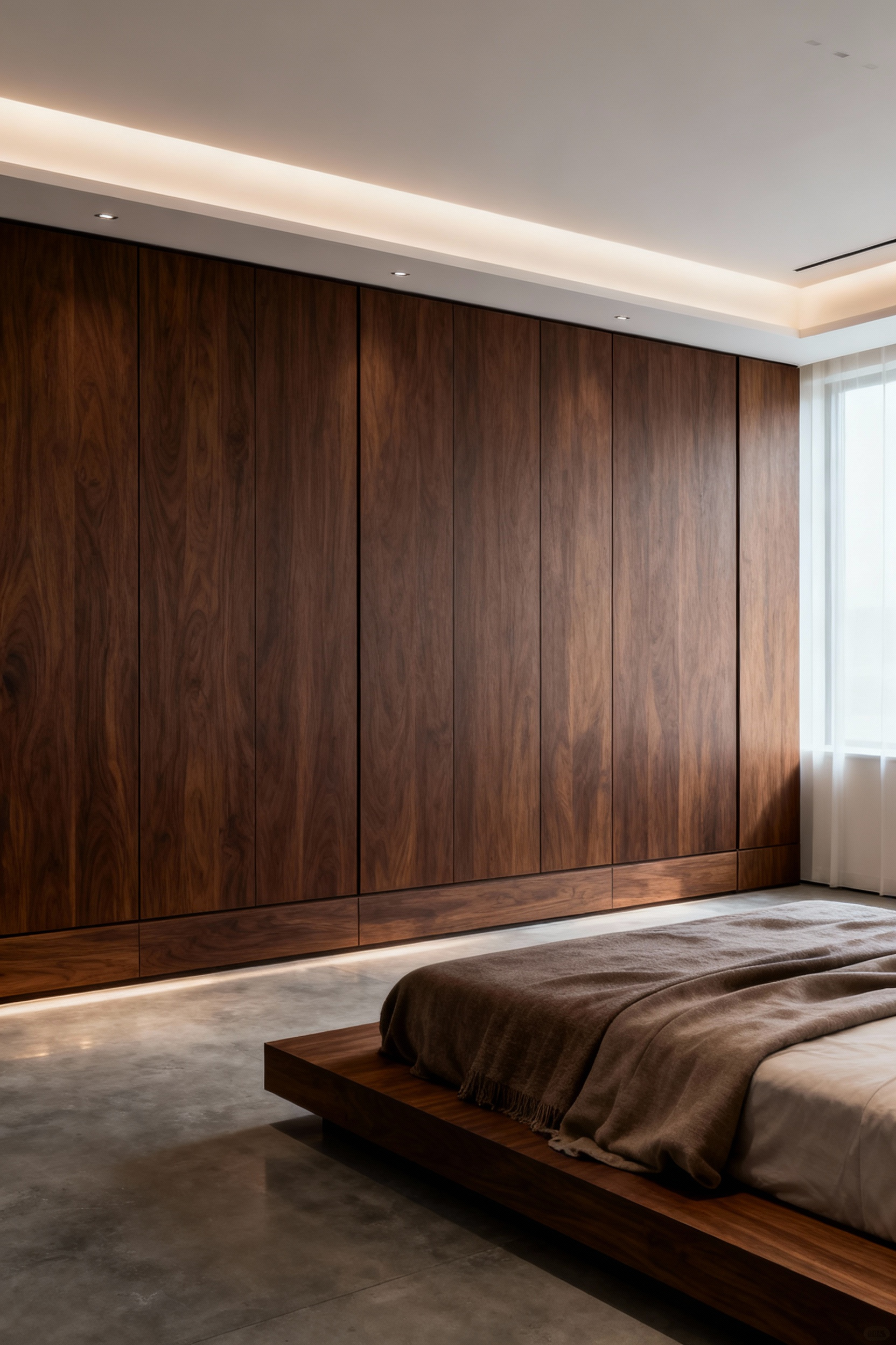 Floor-to-ceiling luxury bedroom storage designed as seamless architectural cladding using rich matte walnut wood panels integrated into the wall structure.