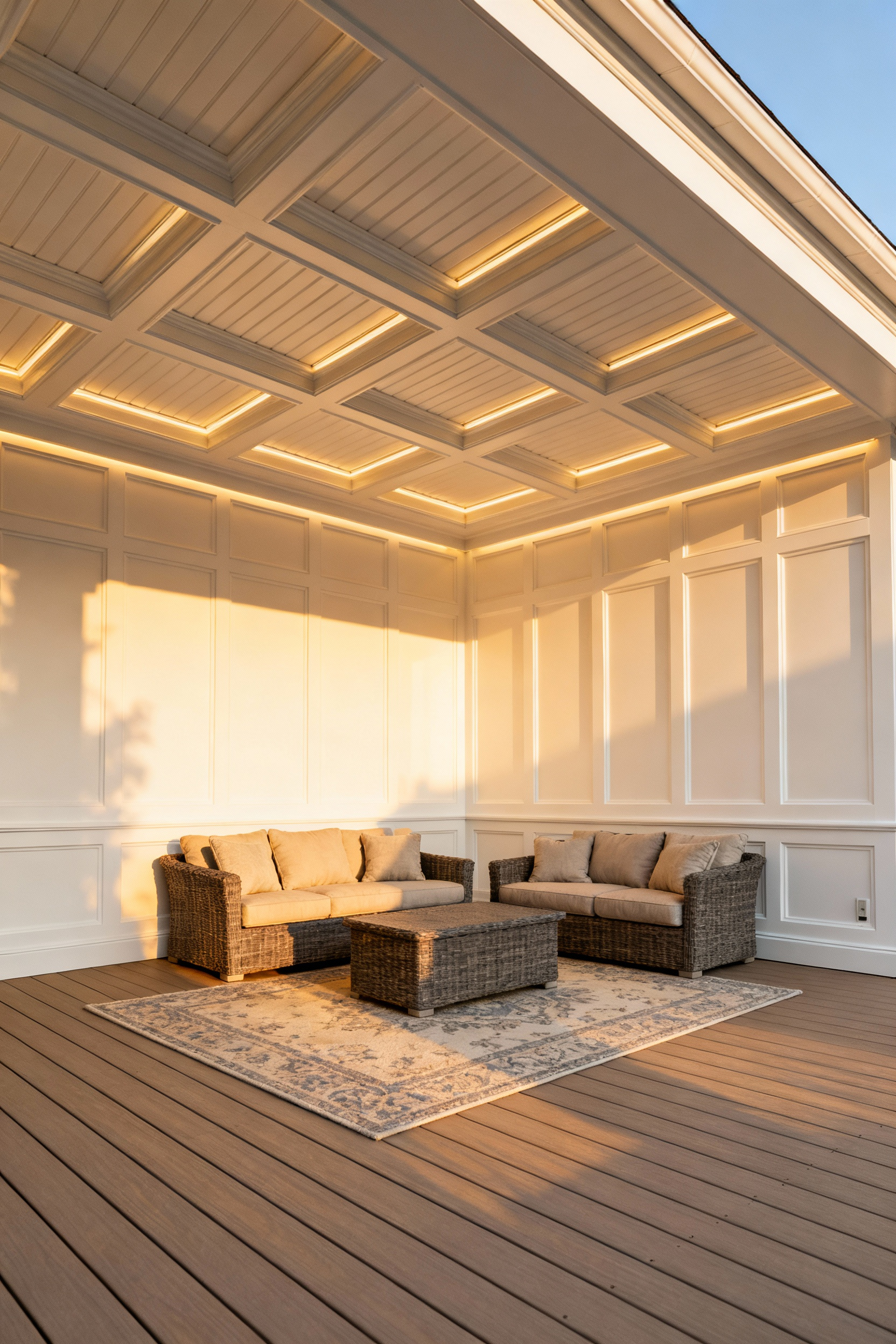 Upscale back porch featuring deep, white coffered ceilings with beadboard inserts, illustrating sophisticated architectural millwork designed to mimic indoor elegance using durable, weather-resistant composite materials.